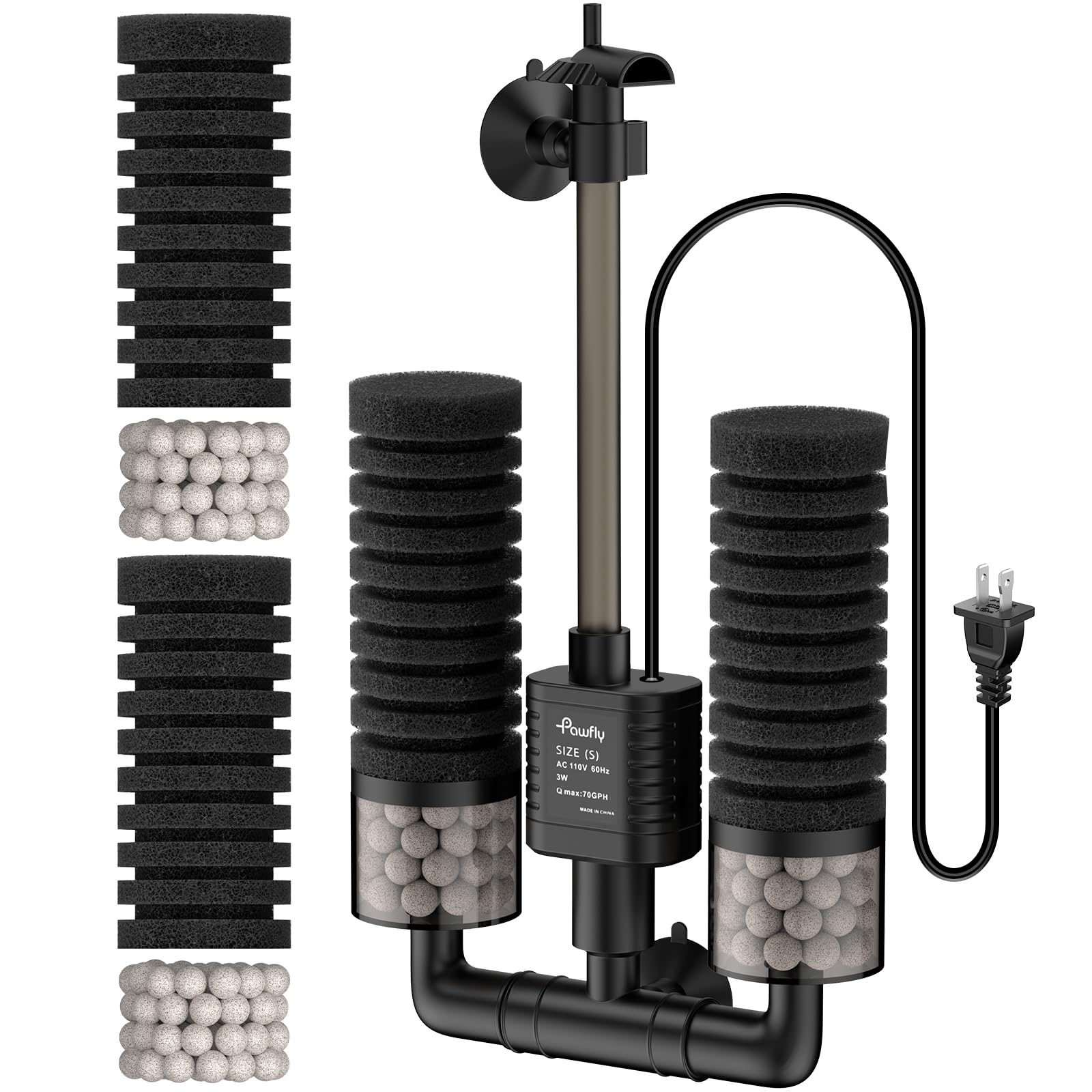 Pawfly Aquarium Sponge Filter, 70 GPH Fish Tank Filter, 3 W Submersible Small Aquarium Filter with Water Pump, Double Foams & Ceramic Balls, Quiet Bio Sponge Filter for 10-40 Gallon Tanks