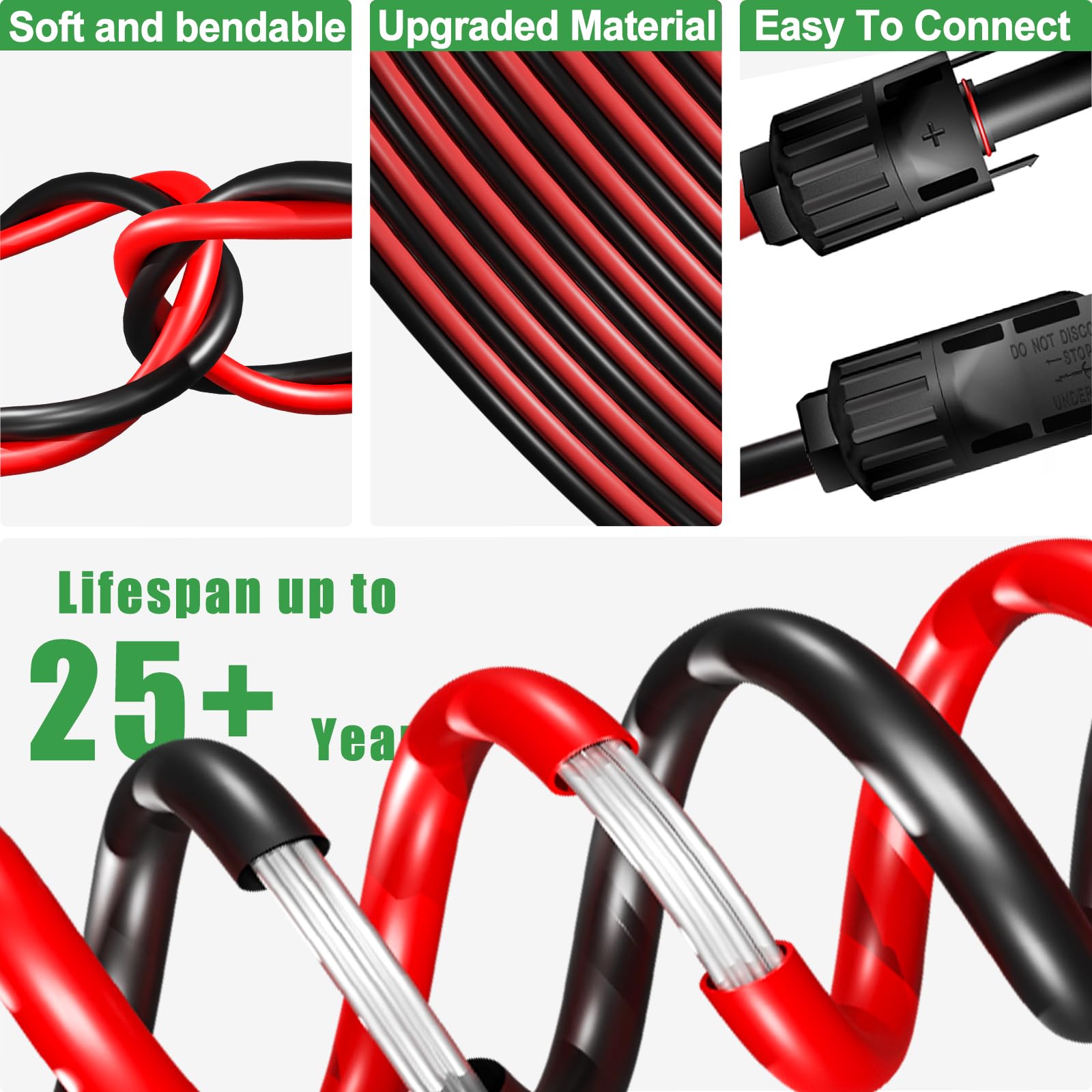 Cable de extensión solar de doble cable de 50 pies, conector de panel solar de 10 AWG (6 mm²), con conectores solares IP67 macho/hembra para exteriores, automóvil, caravana, barco, panel solar