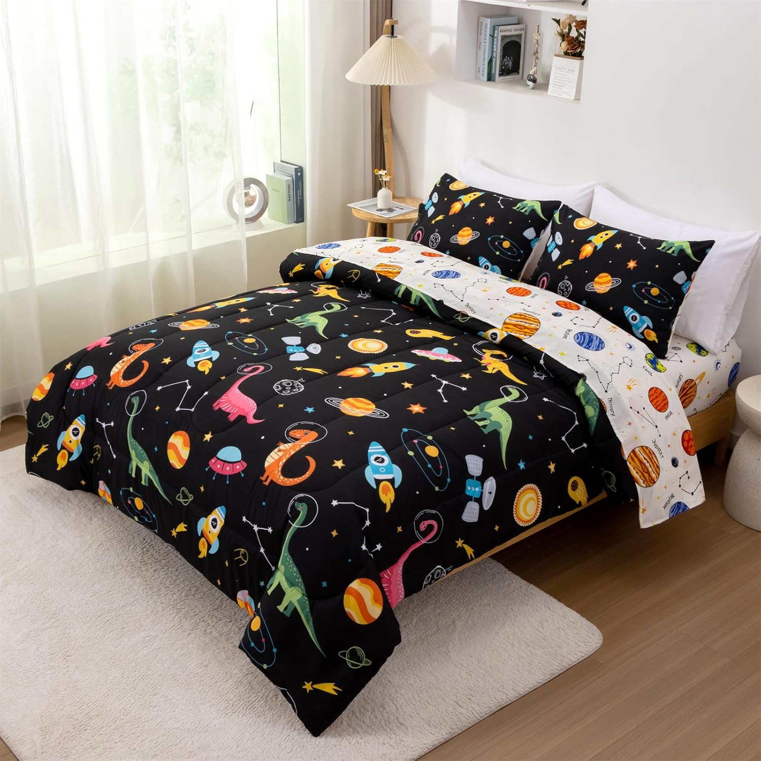 Aimuan Space Dinosaur Comforter Set Kids Animals Bedding Set Super Soft & Cute Aliens UFO Dinosaur Printed for Boys Girls Teen (Black-Green, Twin 5Pcs)