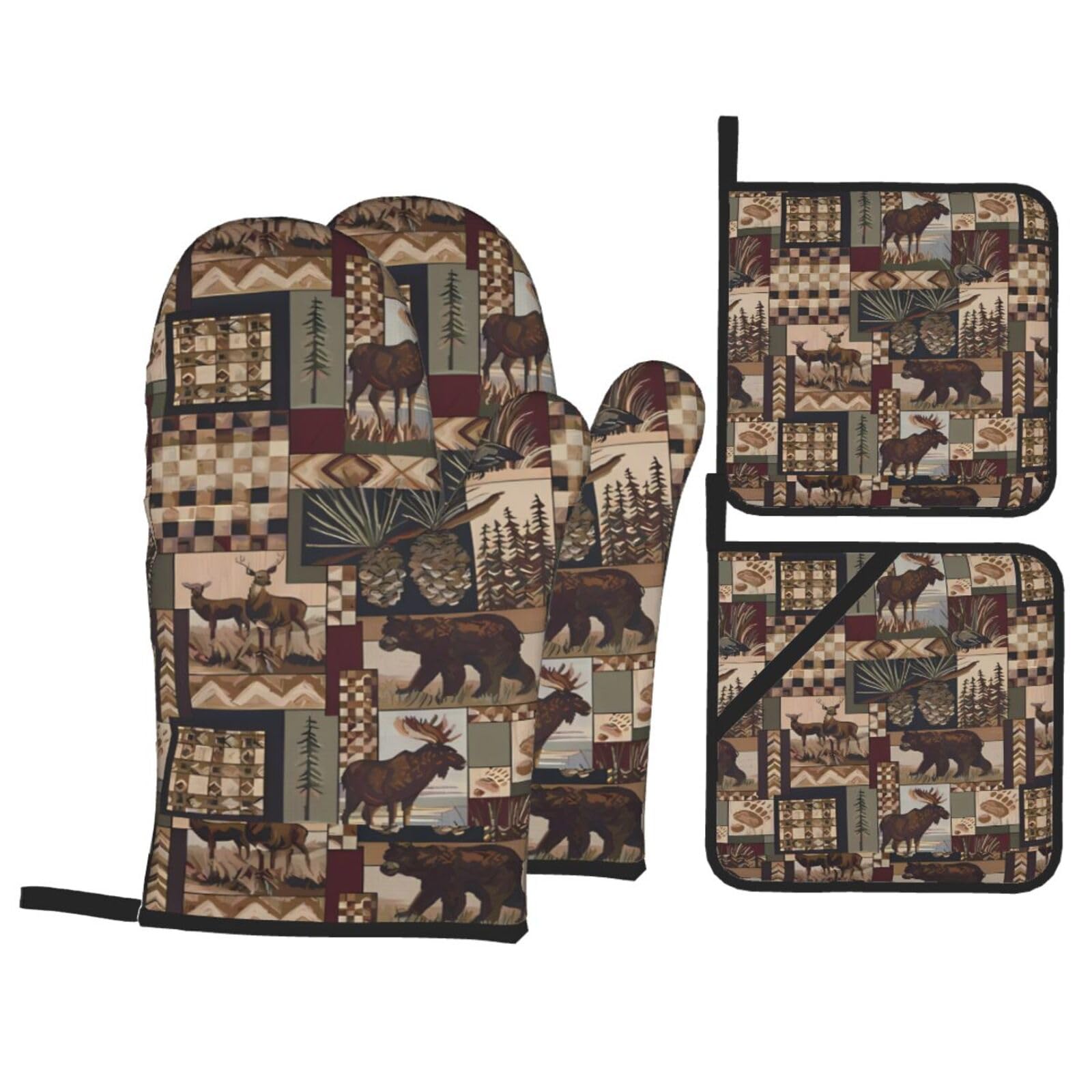 WHJSHOP Lodge Bear Deer Prints Kitchen Layers: Waterproof Oven Covers for Safe Handling & Easy Cleanup – 4 Piece Heat Protection Bundle