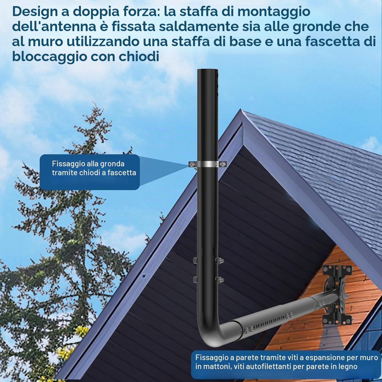 Staffa a muro per antenna a palo regolabile, con gomito a 90°, tubo di prolunga e dadi di fissaggio. Adatta per antenne TV esterne e amplificatori WiFi Star link (nero)