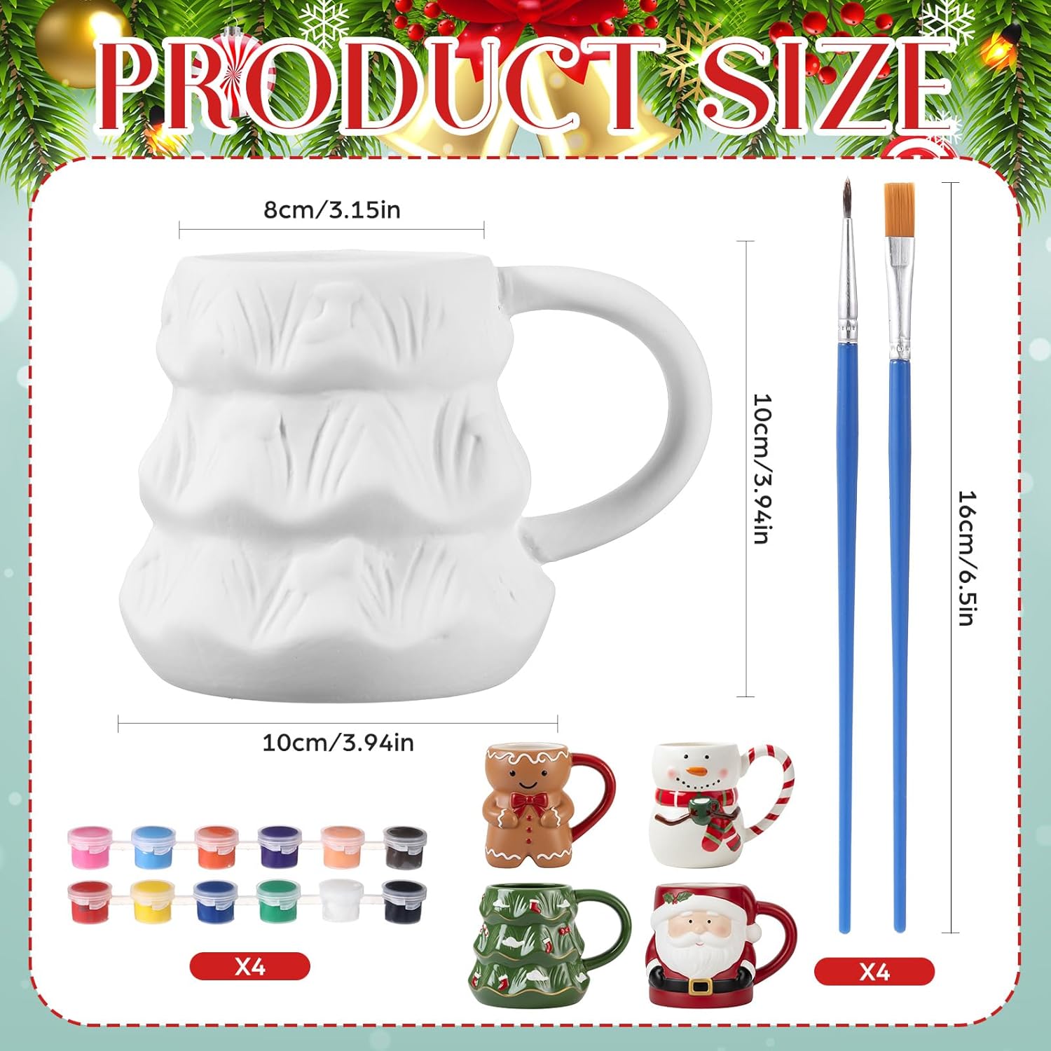 Jingmore 4 Sets Christmas Coffee Mug Paint Craft Kit Paint Your Own Snowman Santa Gingerbread Man Christmas Tree Mug Ceramic DIY for Adults Includes Ceramic White Cup and Painting Supplies for Xmas - Image 4