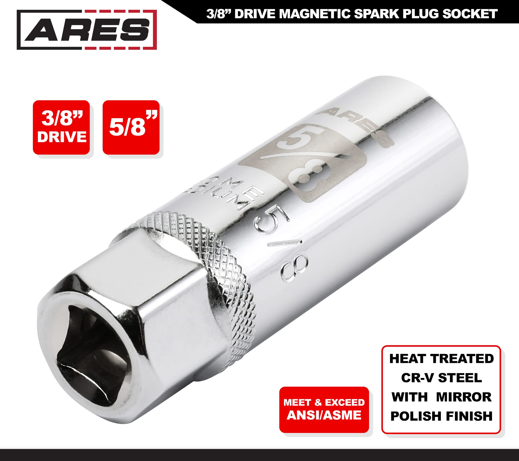 ARES 11020 Magnetischer Zündkerzensteckschlüssel, 1,6 cm (5/8 Zoll), 0,95 cm (3/8 Zoll), starker Magnet hält Zündkerzen, wärmebehandelter Chrom-Vanadium-Stahl, hohe Sichtbarkeitskennzeichnungen
