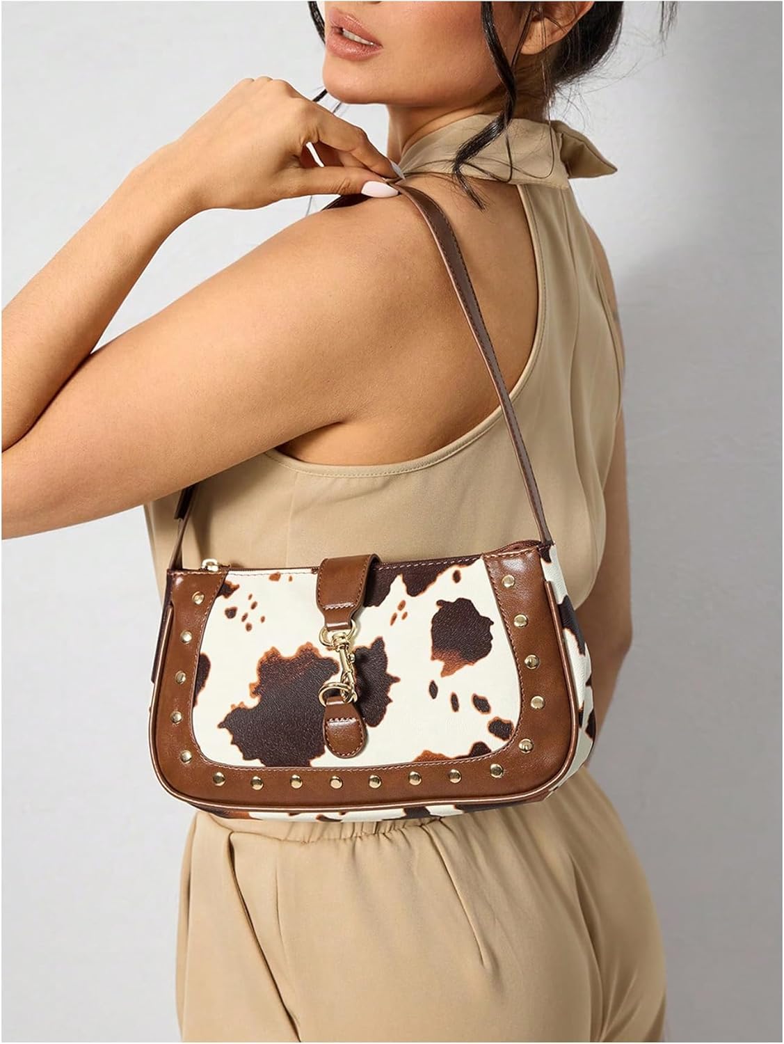 Women’s Cow Print Studded Underarm Bags Zipper Buckle Shoulder Handbags Retro Cowgirls Purse - Image 2