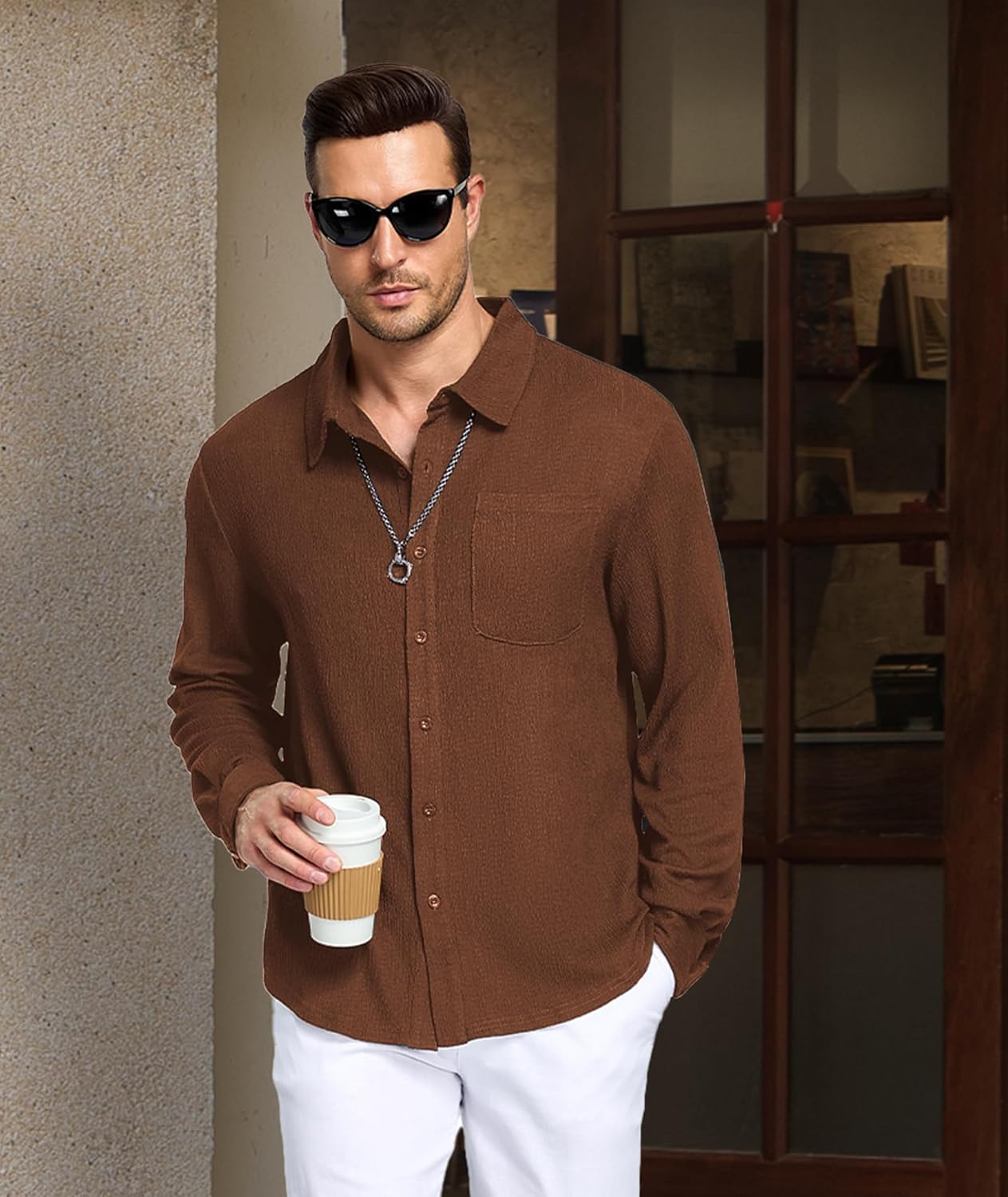 YTD Mens Casual Button Down Shirts Long Sleeve Dress Business Shirt with Pocket - Image 4