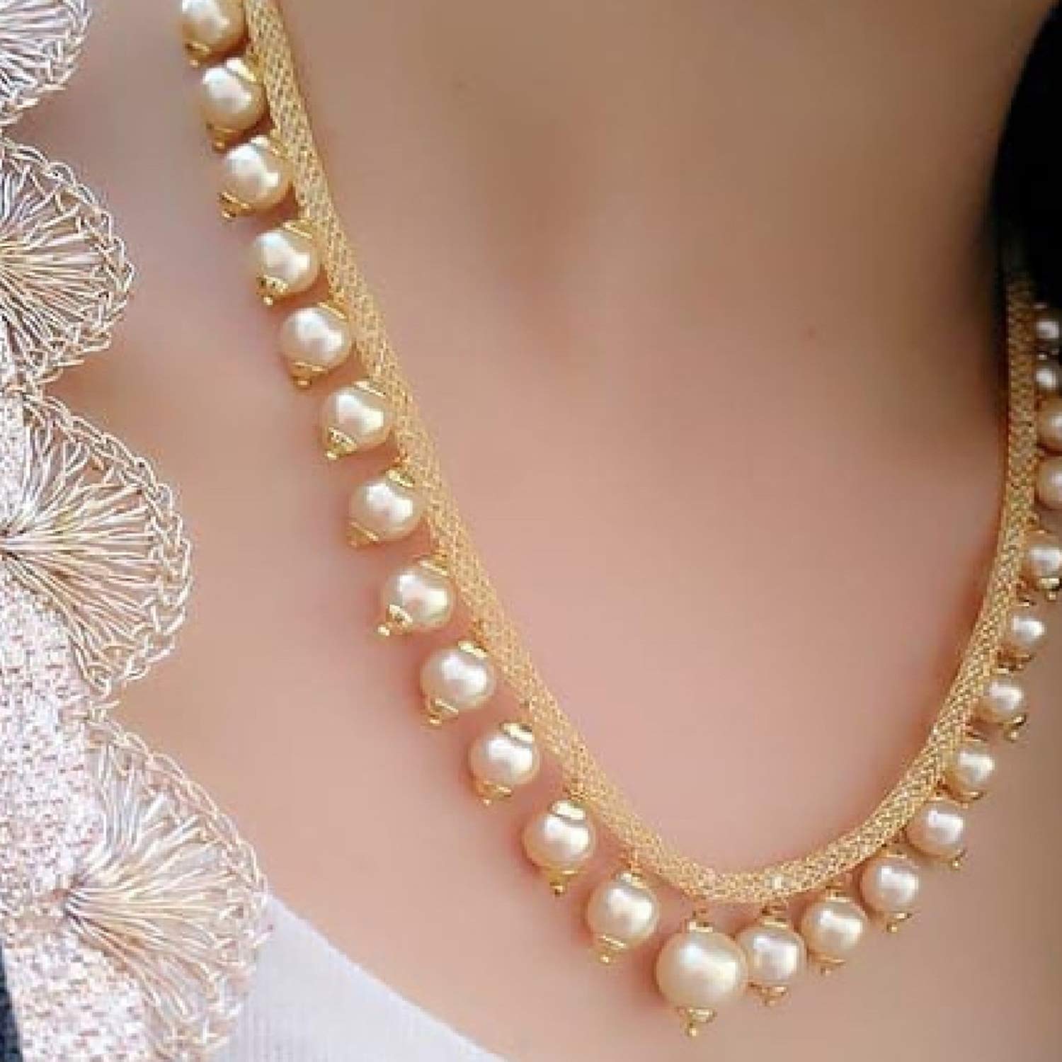 Plated Wedding Pearl Choker Necklace Set (N82087_D1)