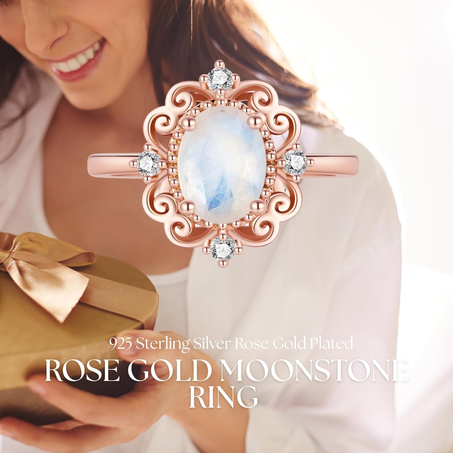 Rose Gold Plated Moonstone Ring for Women 925 Sterling Silver Boho Engagement Ring Wedding Promise Ring Moonstone Jewelry Gift - Image 9