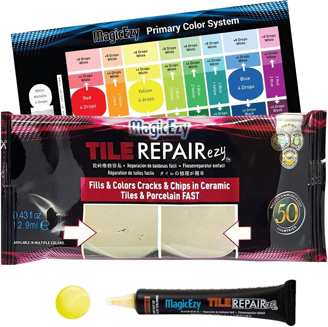 MagicEzyTile RepairEzy (Yellow) - Ceramic Tile Chip Repair Filler - Porcelain Crack Repair Kit - Gap Filler - Tile Putty - Bathroom Floor Tiles, Counter Tops - Wall Touch Up Pen