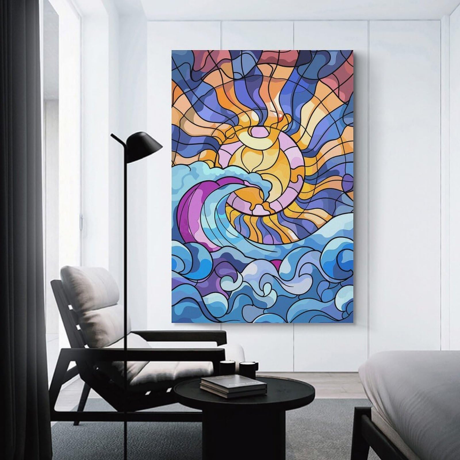 Junmoney Wall Art Print Stained Glass Sun And Waves, 20x30inch(50x75cm), for Living Room, Bedroom Or Apartment Walls, Modern Wall Decor for Cosy Interiors