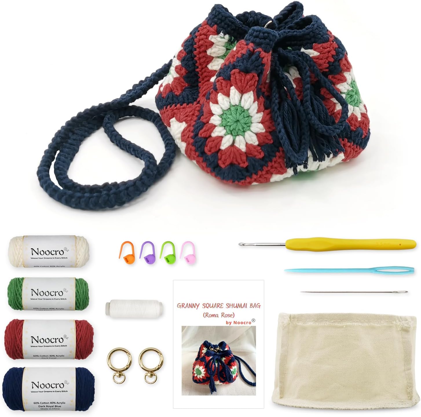 Noocro Crochet Kit Granny Square Shumai Bag, Purse, Complete DIY Kit, Detailed Instructions, Video Tutorials, for Beginners or Intermediate and Advanced Crocheters (Lemon Blue)