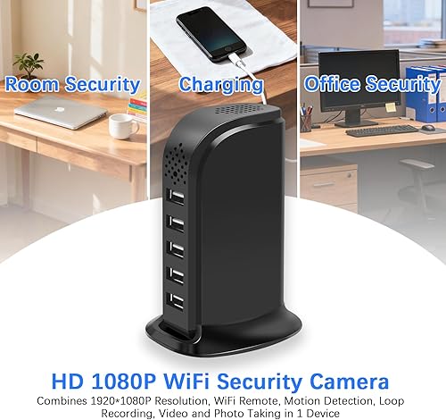 Miniatura 2 de Cámara de seguridad espía oculta WiFi, cargador USB, FHD 1080P inalámbrica para interiores, cámara oculta para el hogar, 5 puertos de carga para