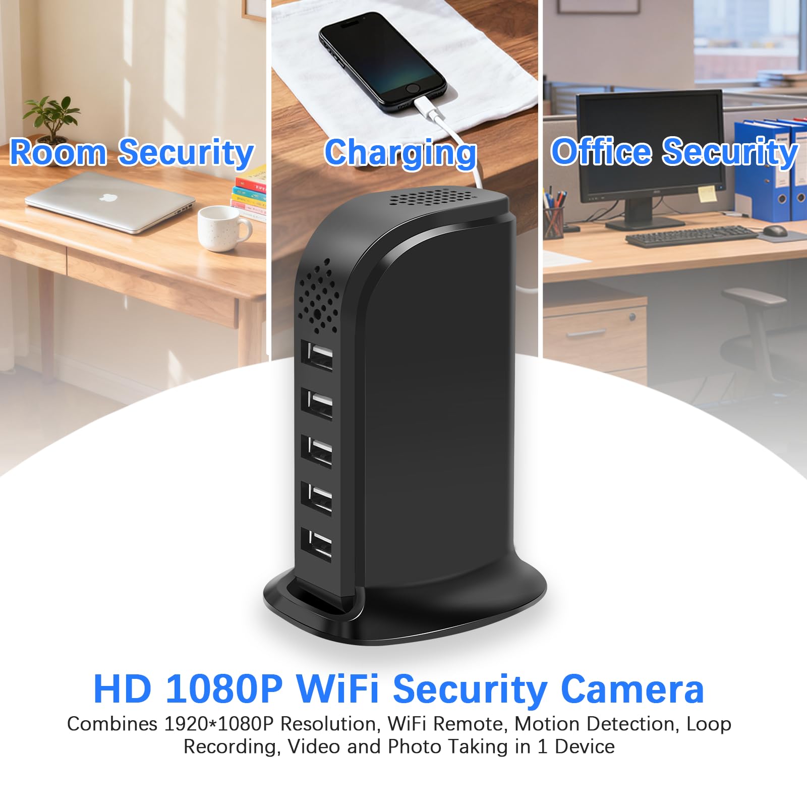Caméra de sécurité espion cachée WiFi avec chargeur USB, FHD 1080p sans fil pour maison, 5 ports de charge, caméra cachée avec détection de mouvement, enregistrement en boucle