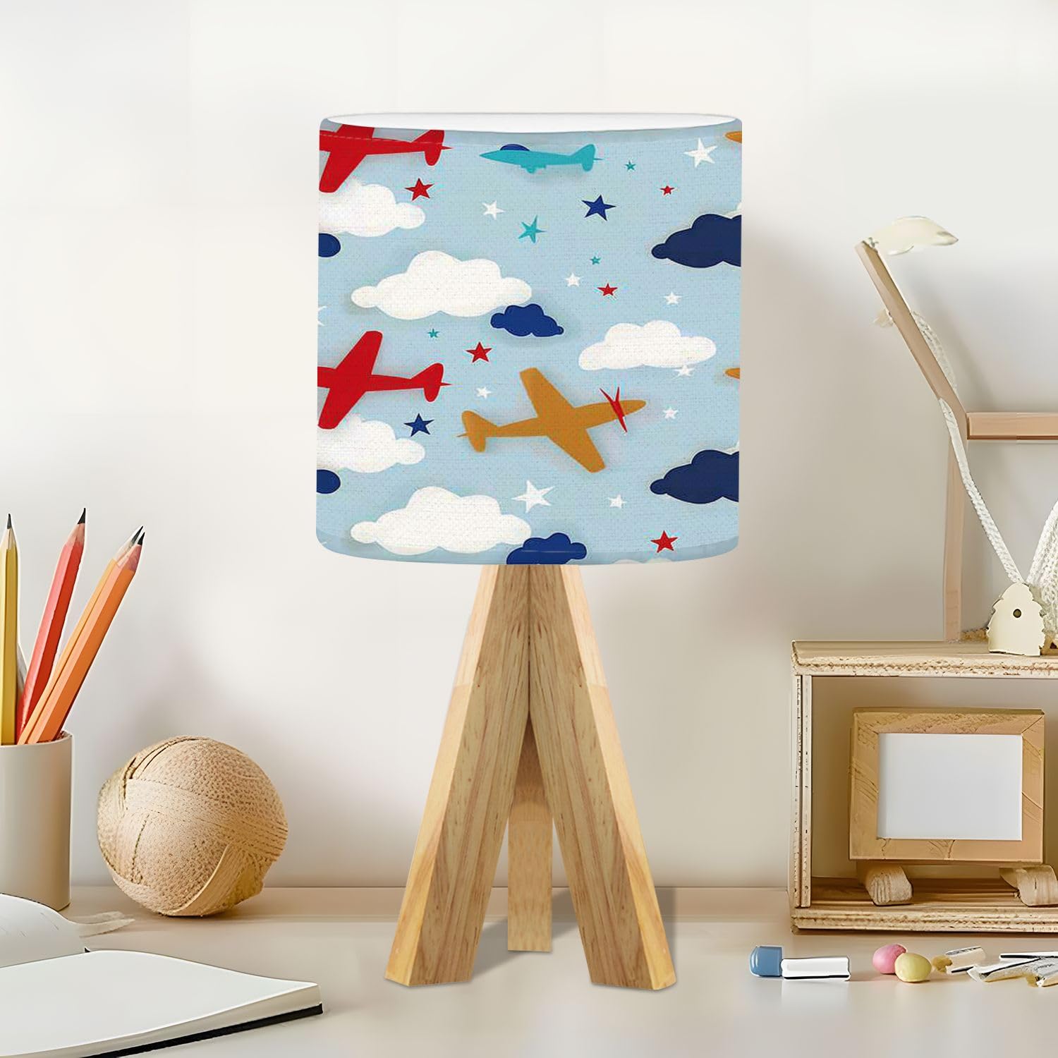 Tripod Bedside Desk Table Lamp Kids Seamless Pattern Airplanes Stars Clouds Colorful White Baby Wood Nightstand Lamp with Linen Fabric Shade for Nursery Bedroom Living Room Kids Room