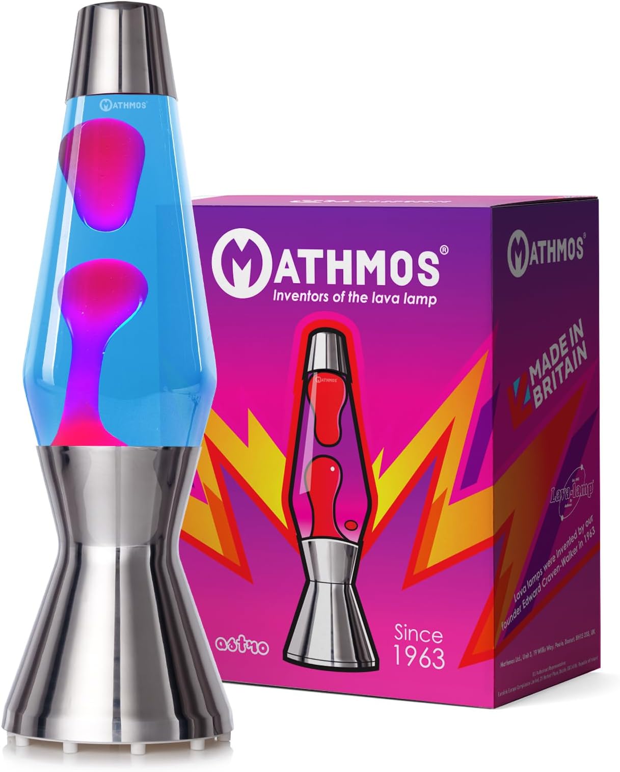 MATHMOS Astro Lava Lamp in Silver | UK Inventors of The 1963 Design Classic | Blue & Pink Lava Lamps Handmade in Britain to The Highest Safety Standards