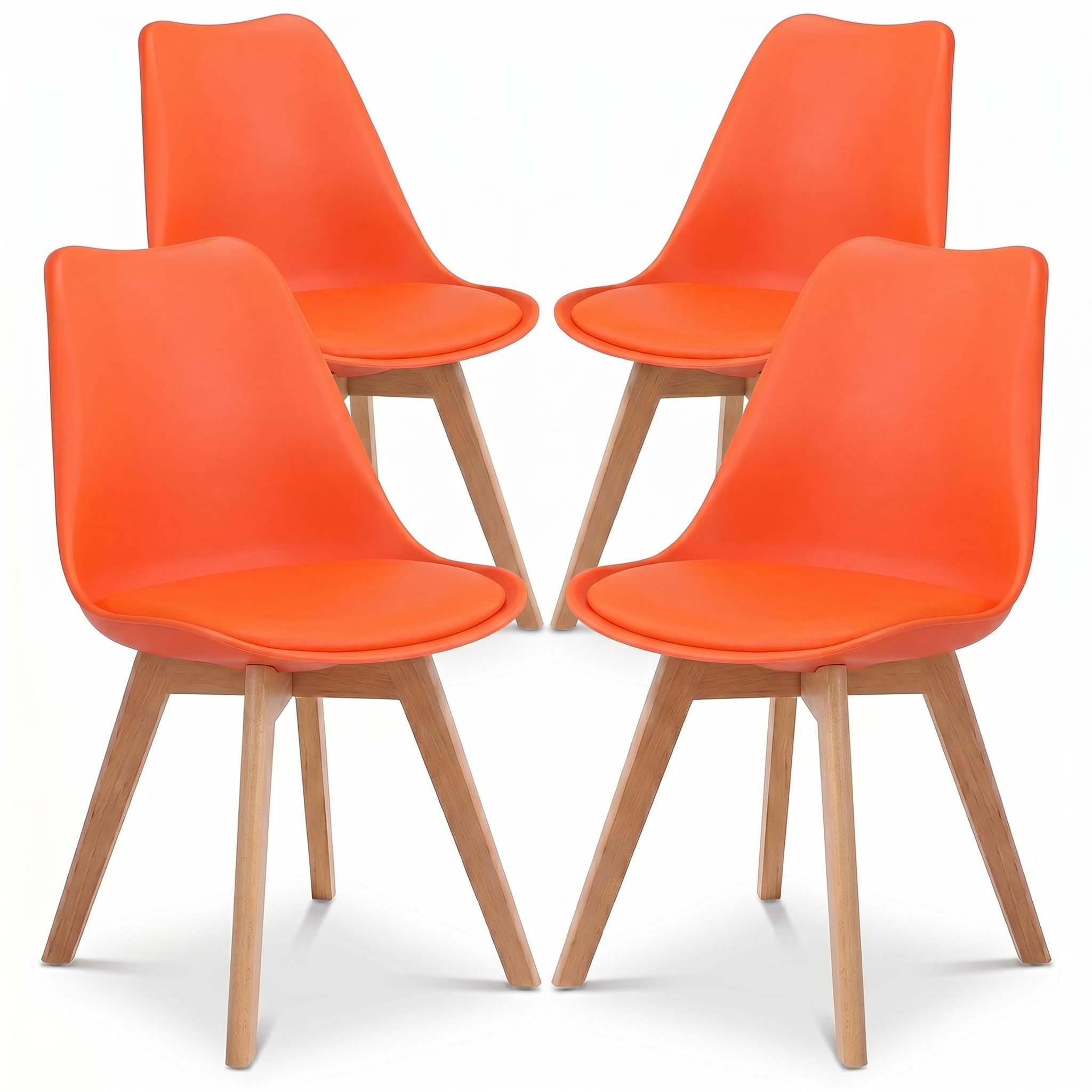 Bravich Set Of 4 Rocco Dining Chairs- Orange. Faux Leather Upholstered Dining Chair With Natural Wooden Legs, Cushion Pad Seat & Back Support For Kitchen Table- 42 x 42 x 81cm.