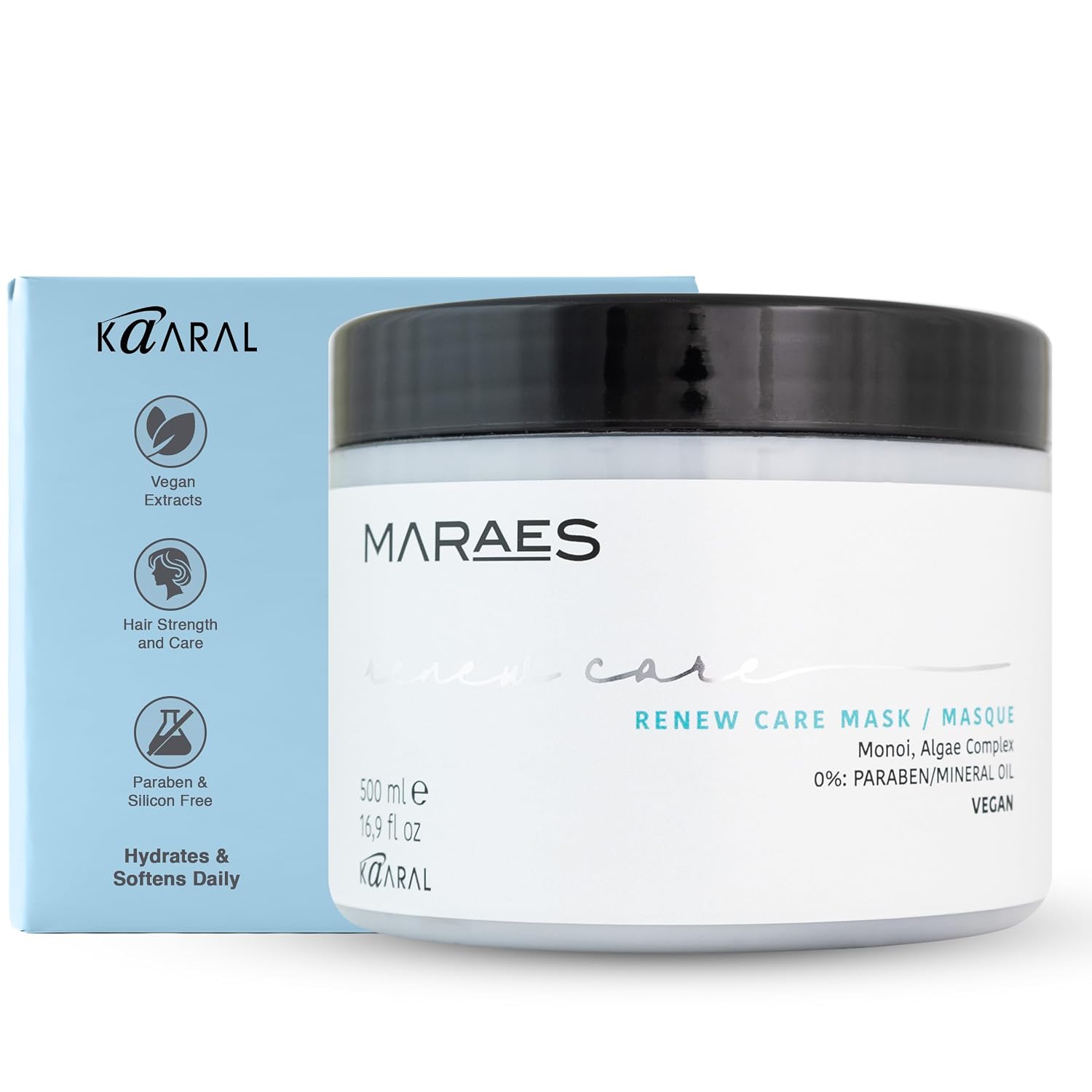 Kaaral Maraes Renew Care Mask - Certified Vegan Deep Conditioner Hair Mask for Damaged, Weak, Dull, & Dry Hair - Moisturizing Conditioning Formula with Nourishing Minerals and Softening Monoi - 500 ml