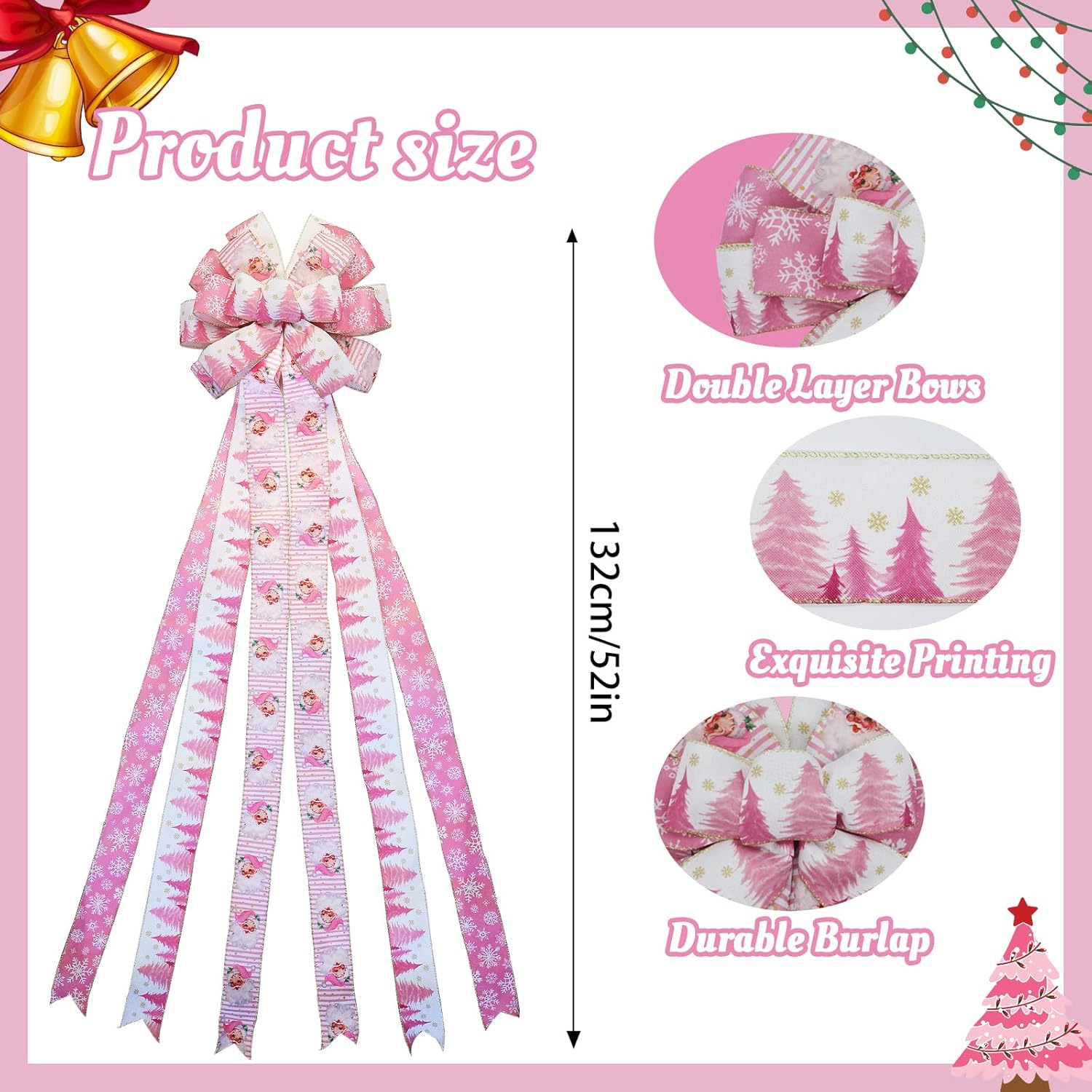 Large Christmas Tree Topper Bow 52x13 Inch, Pre-Tied Wired Ribbon Wreath Bows, Xmas Ornaments with Long Wired Edge Streamer for Holiday Thanksgiving Indoor Outdoor Party Decoration (Pink) - Image 3