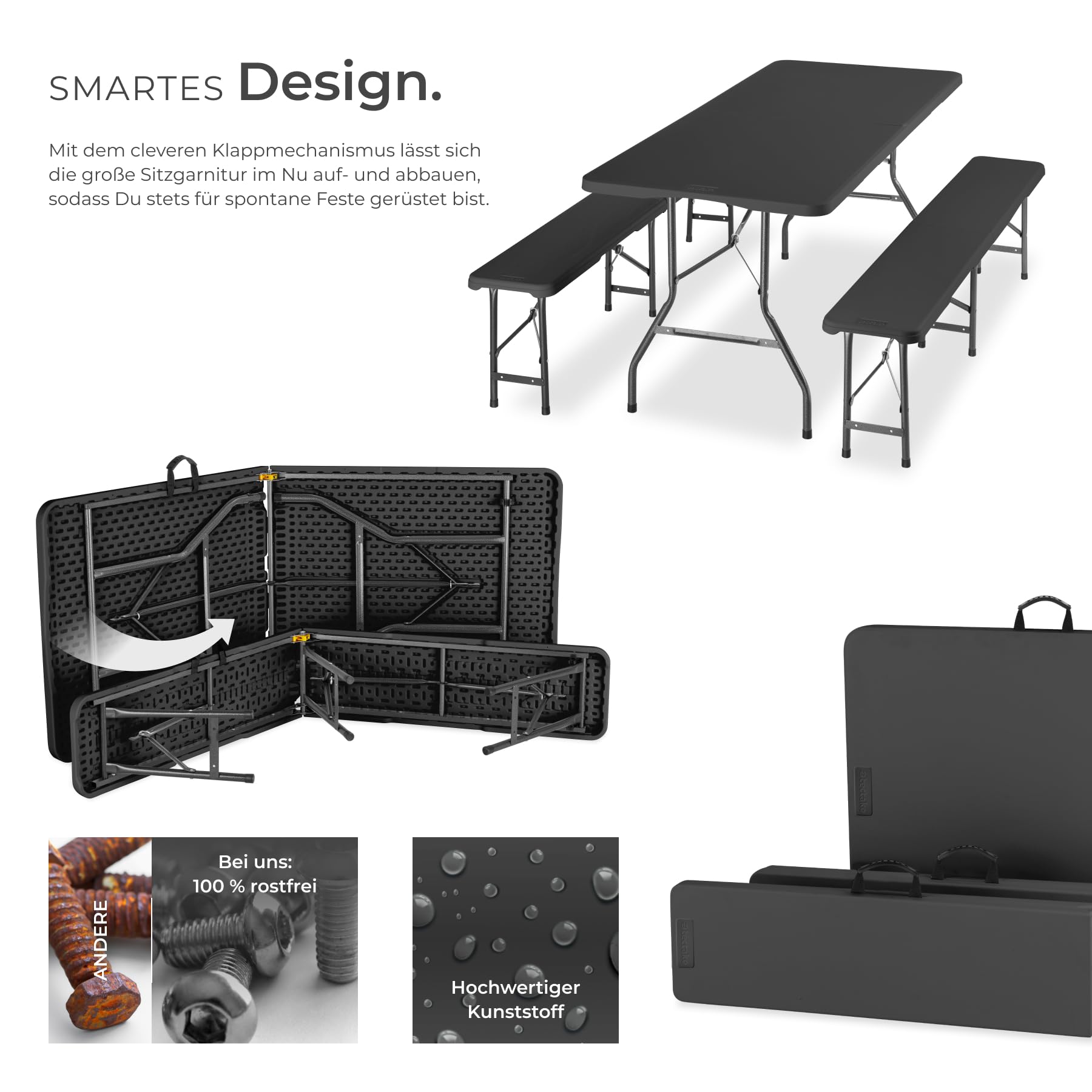 TecTake® wetterfeste Campingtischgarnitur für 8 Personen, Bank bis 250 kg belastbar, klappbar, wetterfest, robuster Kunststoff, Camping Set, Tischset, Outdoor Tischgarnitur, Campingmöbel – anthrazit | Bis zu 8 Personen, robuster Kunststoff, 500 kg Belastb