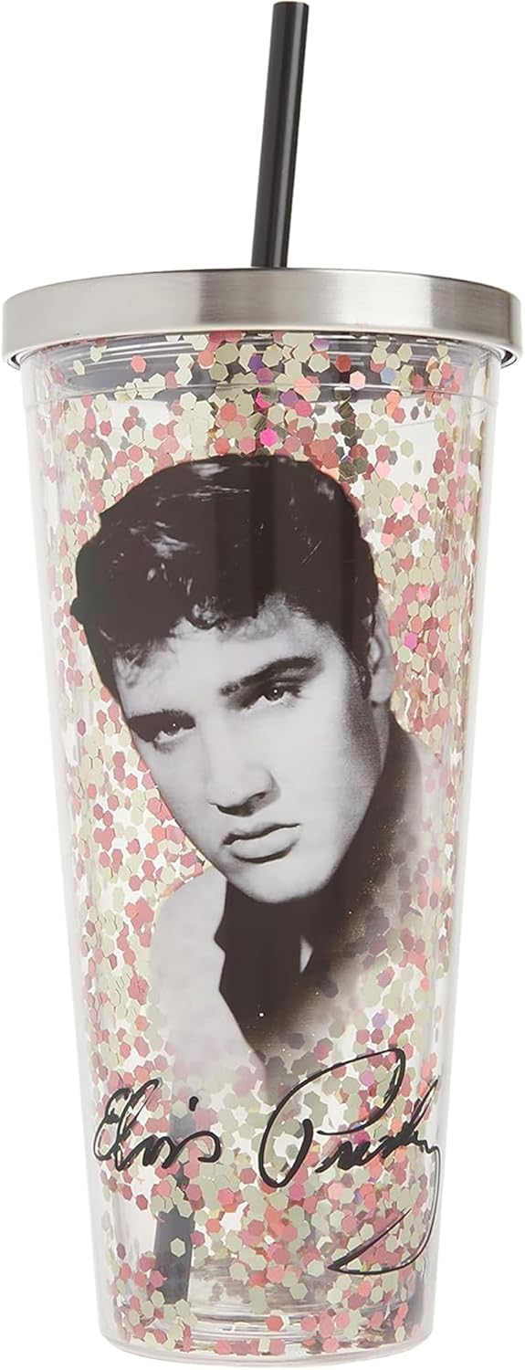 Spoontiques - Glitter Filled Acrylic Tumbler - Glitter Cup with Straw - 20 oz - Stainless Steel Locking Lid with Straw - Double Wall Insulated - BPA Free - Elvis Presley - Image 4