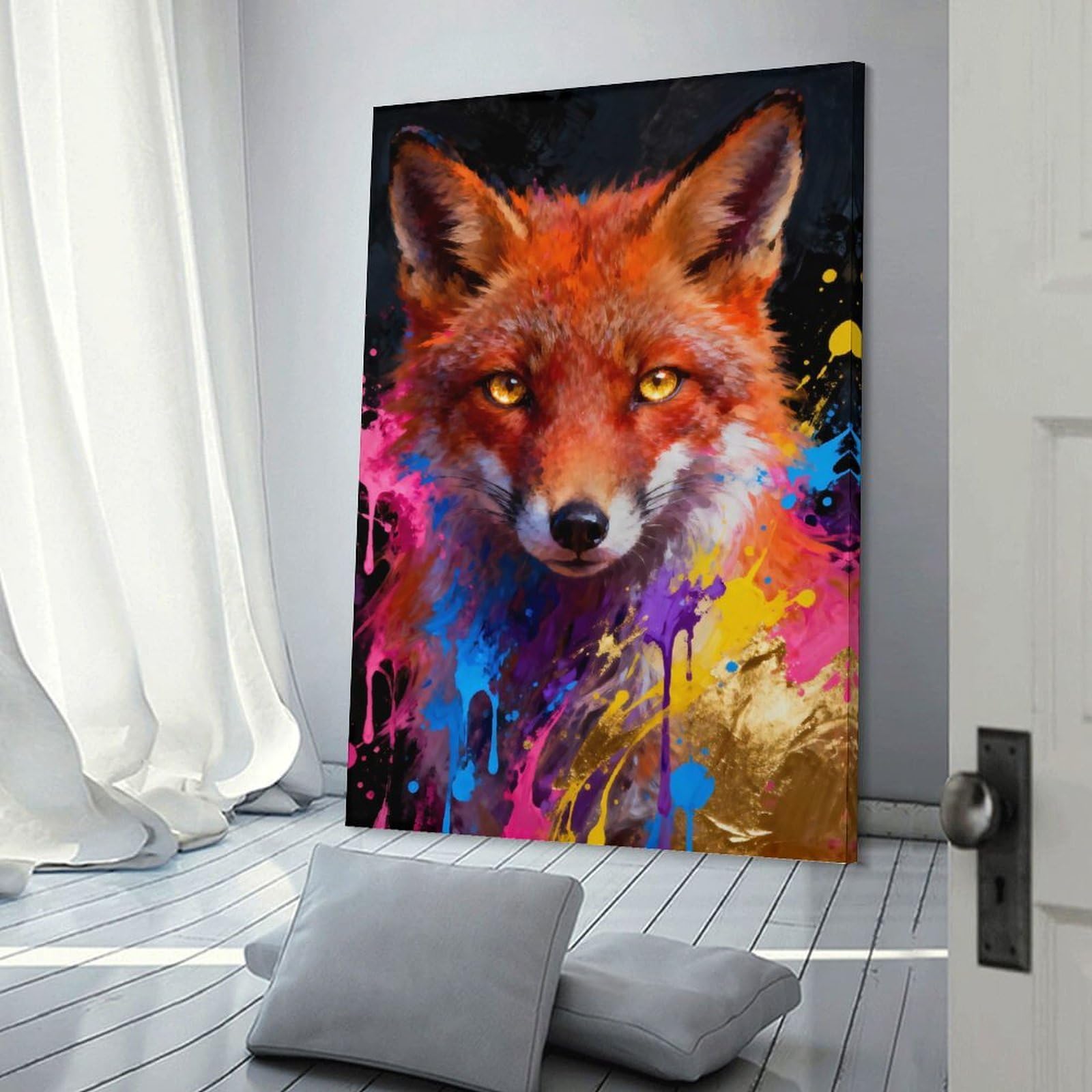 Junmoney Wall Picture Print Colorful Fox Portrait, 24x36inch(60x90cm), for Wall Displays, Bedrooms Or Room Updates, Wall Decor Suited to Curated Displays