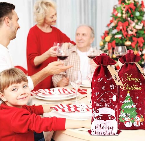 Miniatura 4 de 24 bolsas de vino de arpillera de Navidad, bolsas de regalo de vino, bolsas para botellas de vino con cordón y cuerda de etiqueta, fundas