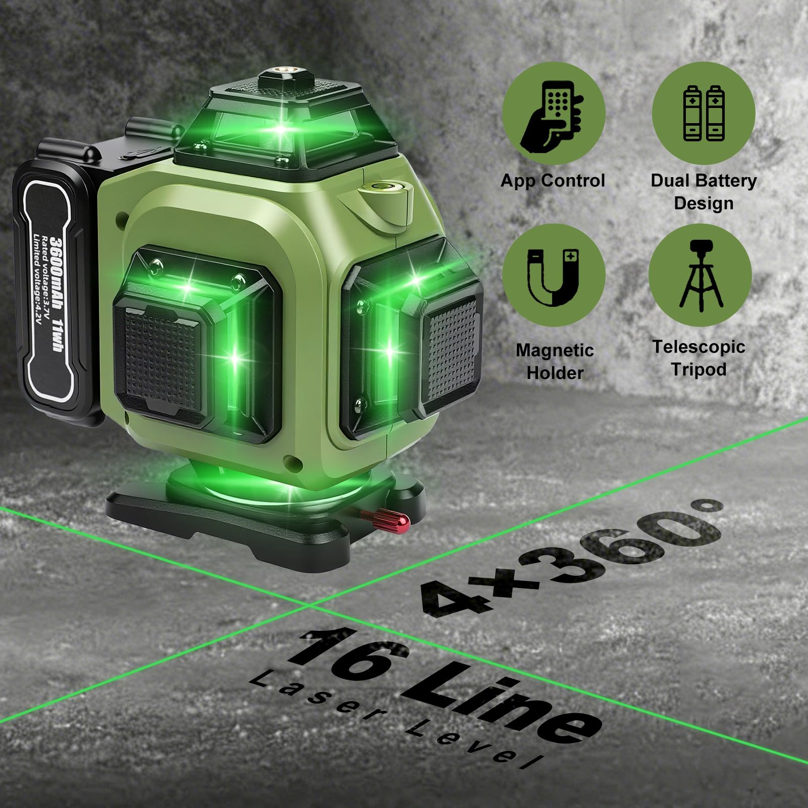 Nivel Laser Autonivelante, 4D 16 Líneas Nivel Laser Verde Con TríPode, Digital Niveles LáSer Con 3 x 3600 Mah BateríA 2 x 360 Horizontal Y 2 x 360 Verticales, Control Remoto/App, Montaje En Pared