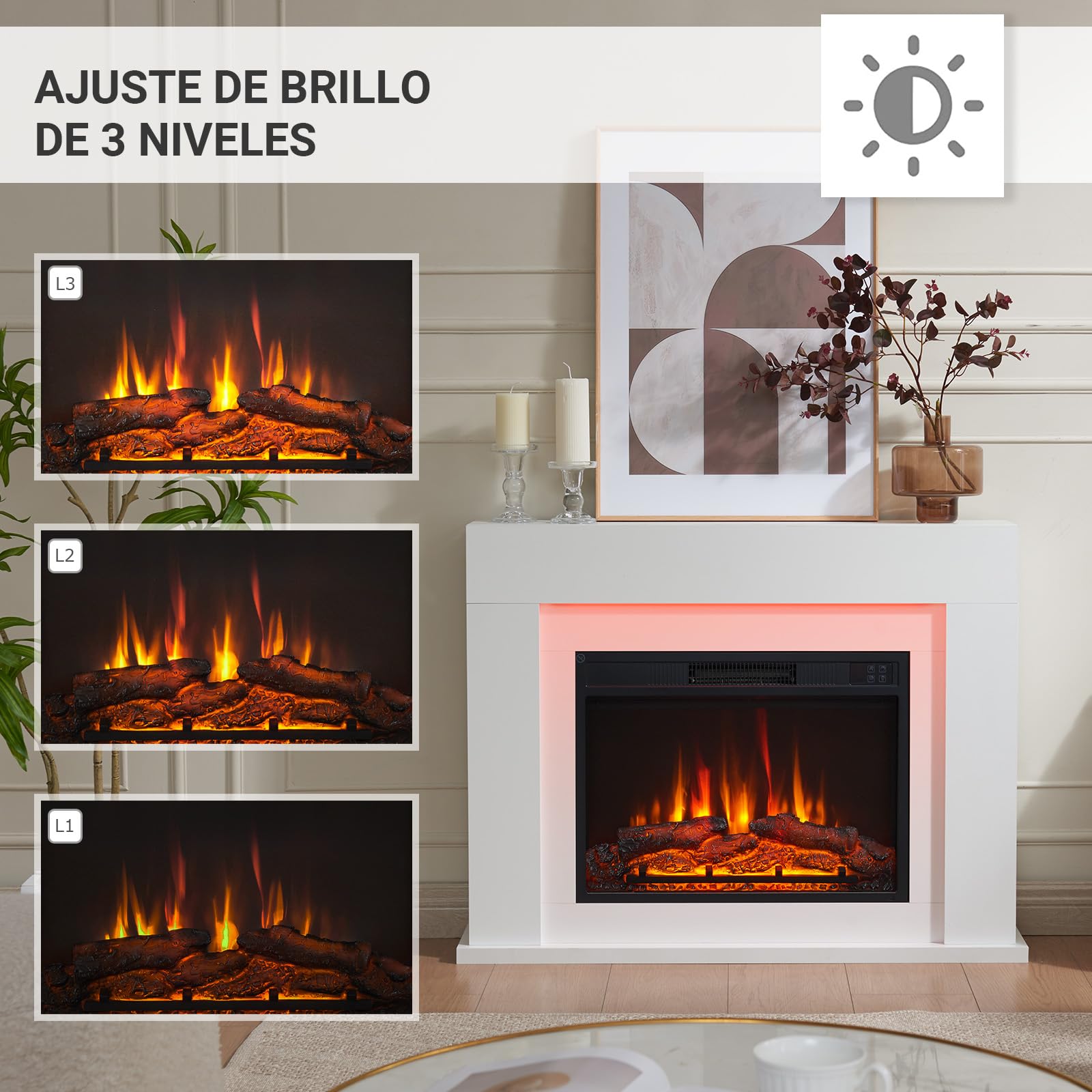 BALDERIA Finn Design - Chimenea Eléctrica con Mueble Blanco, Calefactor bajo Consumo
