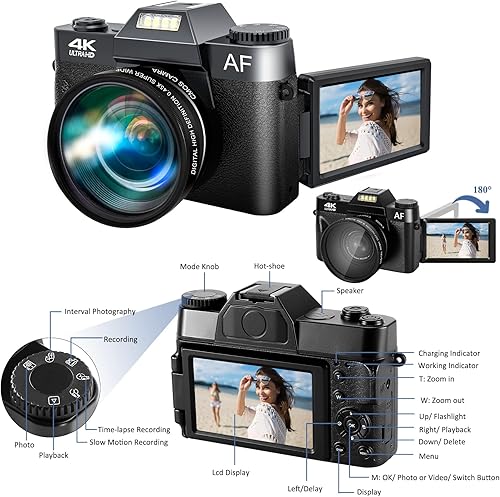 Miniatura 6 de 4K Vlogging Camera for YouTube, 48MP Digital Camera for Photography with 3Flip Screen, 16x Digital Zoom and Video Autofocus Anti-Shake, Wide Angle