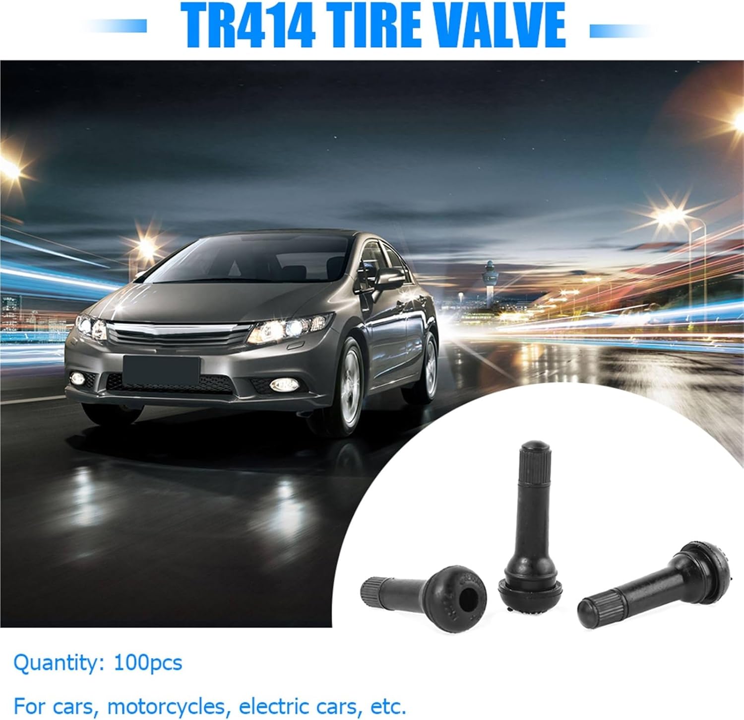 Tire Valve Stems 100pcs TR414 Snap in Rubber Valve Stems Car Motorcycle Tubeless Tire Tyre Valves