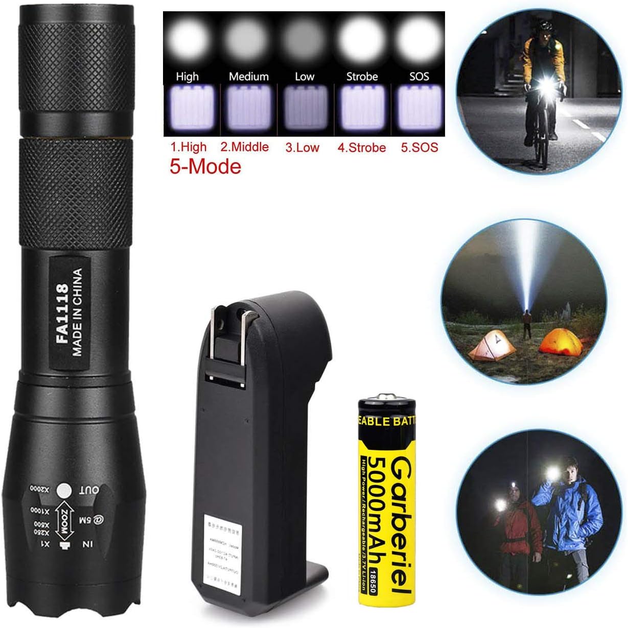 WishDeal LED Flashlight Adjustable Focus Portable T6 Handheld Flashlight 3000 Lumens 5 Modes LED Light For Camping Hiking - Battery and Charger Included