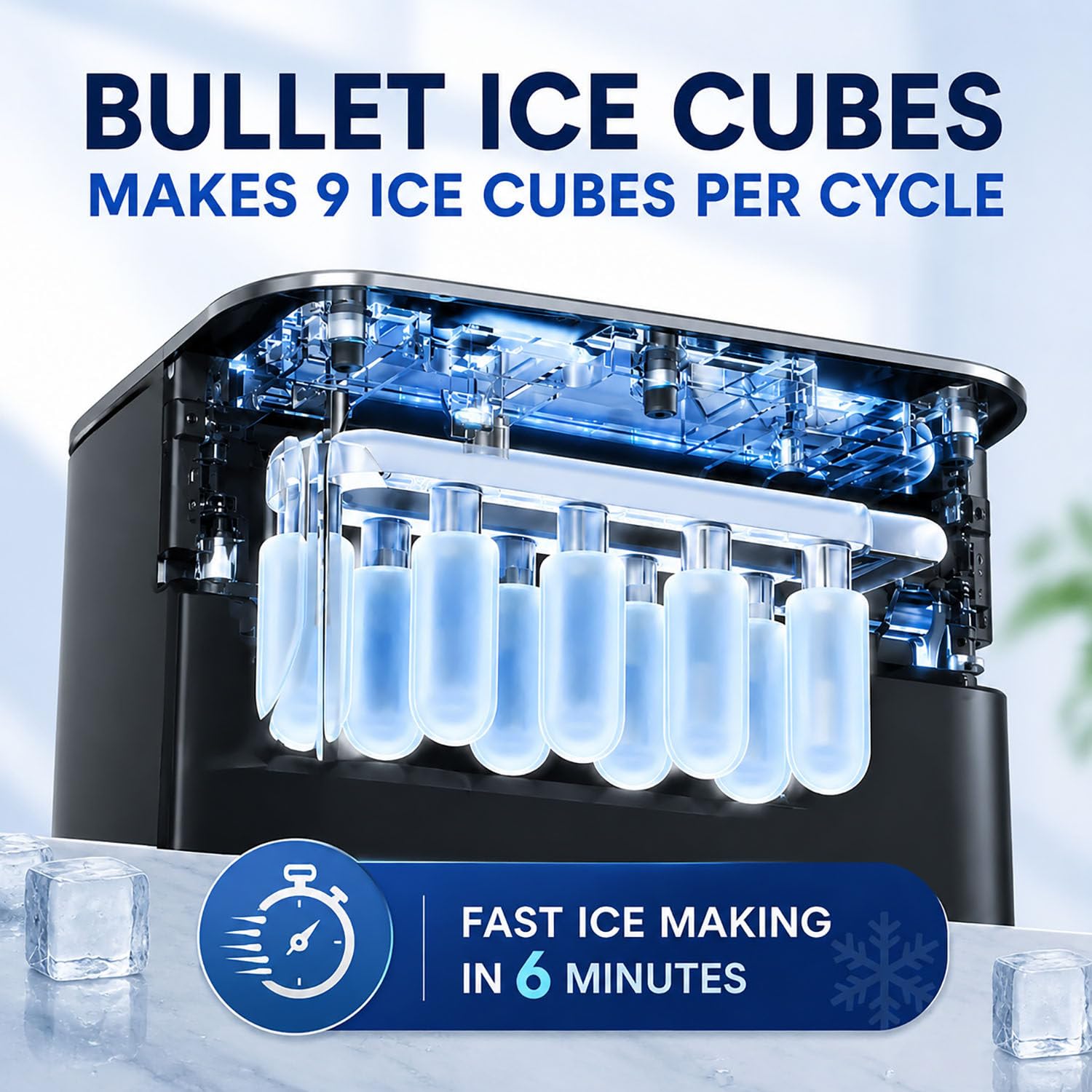 Ghiacciatrice Bullet da banco Grigio Opaco, compressore Silenzioso | Compressore silenzioso,autopulente, produzione rapida di 9 cubetti di ghiaccio a forma di proiettile, compatta e portatile