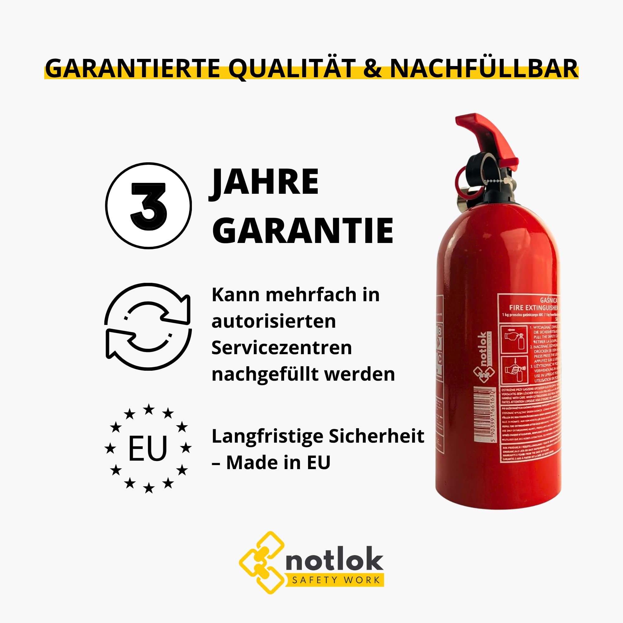 1kg Pulver Feuerlöscher ABC + elektrische Geräte < 1000 V | 3 Jahre Garantie | Mini Dauerdruck Feuerlöscher Haushalt ideal für Küche Aber auch für Auto | + Feuerlöscher Halterung