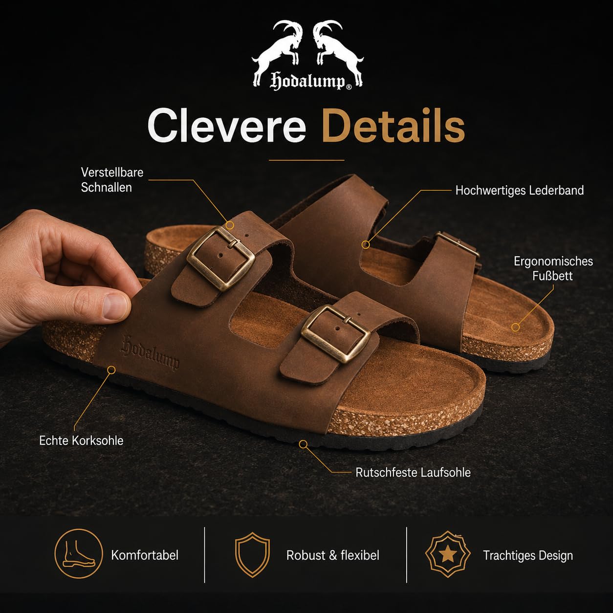 hodalump Sandalen Herren – Hausschuhe/Patschen mit ergonomischer Korksohle – Pantoffeln Rutschfest & bequem, Hauspantoffeln