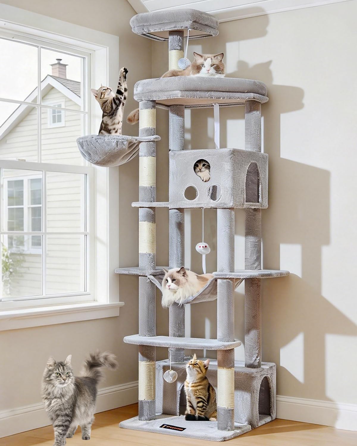 - Taoqimiao 79 Inches XXL Cat Tree for Large Cats, for Oversized Cats, Multi-Level Cat Tower, 2 Spacious Cat Condo with 6 Scratching Posts, Hammcock & Cozy Basket, Cat Toys, Light Gray, S10W
