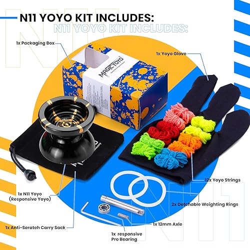 Miniatura 5 de MAGICYOYO N11 Yoyo N11 - Bola profesional Yoyo N11 de aleación de doble propósito (negro con dorado) con saco, guante, 12 cuerdas Yoyo y kit de