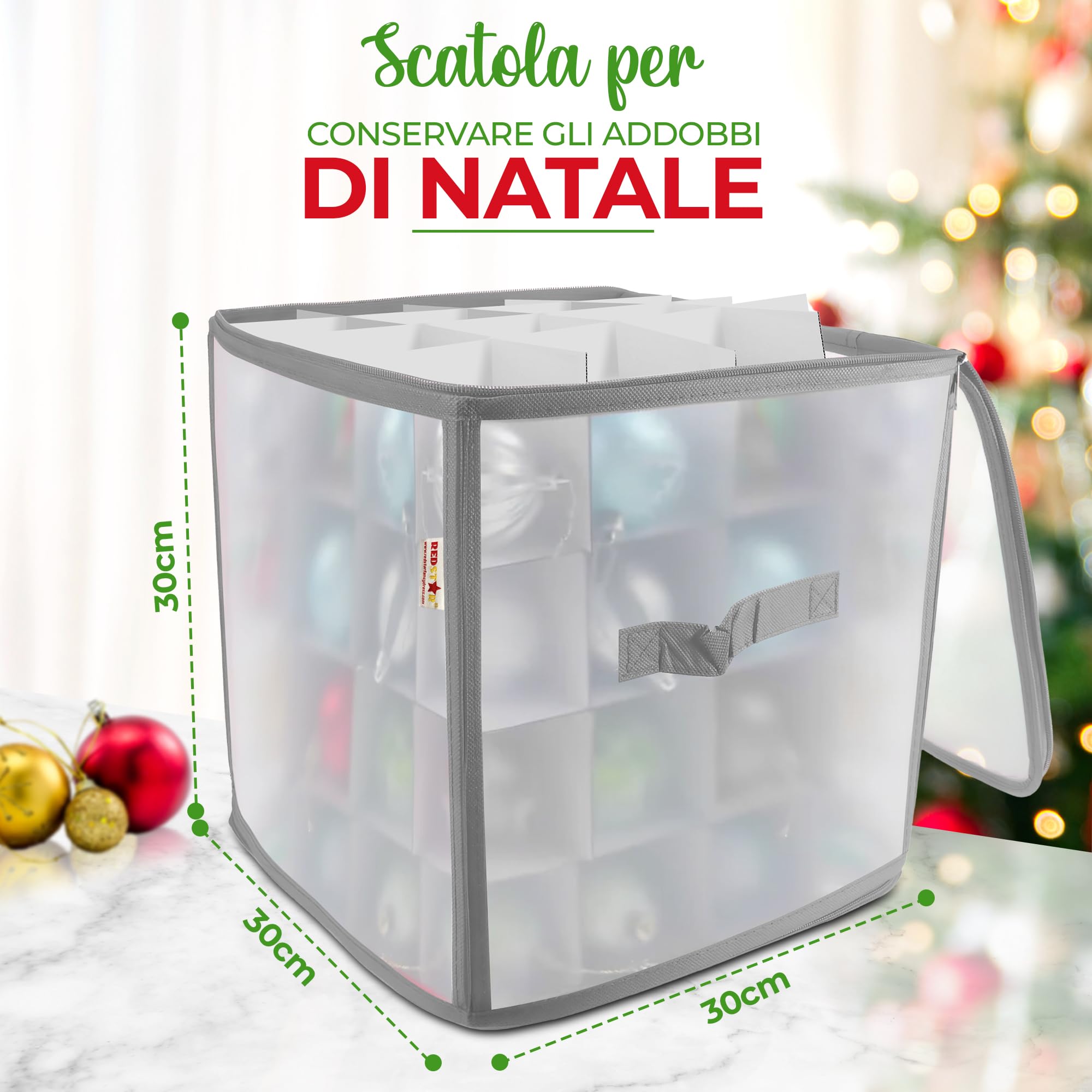 REDSTAR Box porta 64 ornamenti festivi – Contenitore con divisori per sfere natalizie – Organizer per decorazioni dell’albero – Custodia per addobbi di Natale – Scatola rigida per elementi decorativi