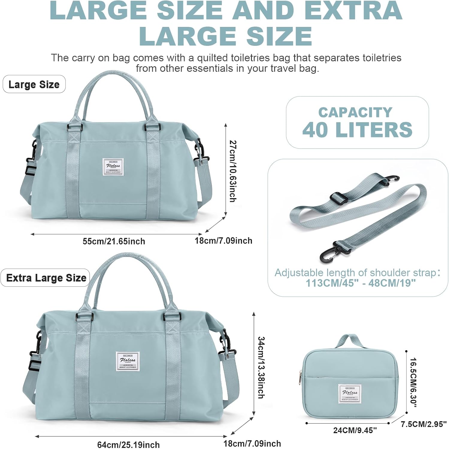 Travel Duffel with Toiletry Bag, Weekender Overnight Carry-on, Extra Large Light Blue