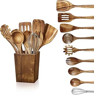 Wooden Spoons for Cooking - 11 Piece Natural Teak Wood Kitchen Utensil Set, Wooden Spoons Set with Holder, Spoon Rest & Hooks, Wooden Spatula Set with 7 metal hooks