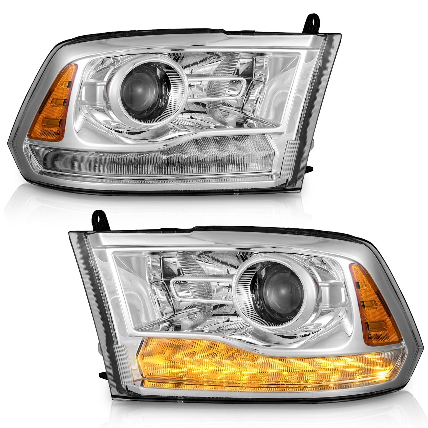 Factory Projector LED (OEM style) Headlights Assembly For 2013-2018 Dodge Ram 1500 2500 3500, Headlight Compatible with 13-18 Dodge Ram 1500 2500 3500 Headlamp Chrome Housing with Amber DRL