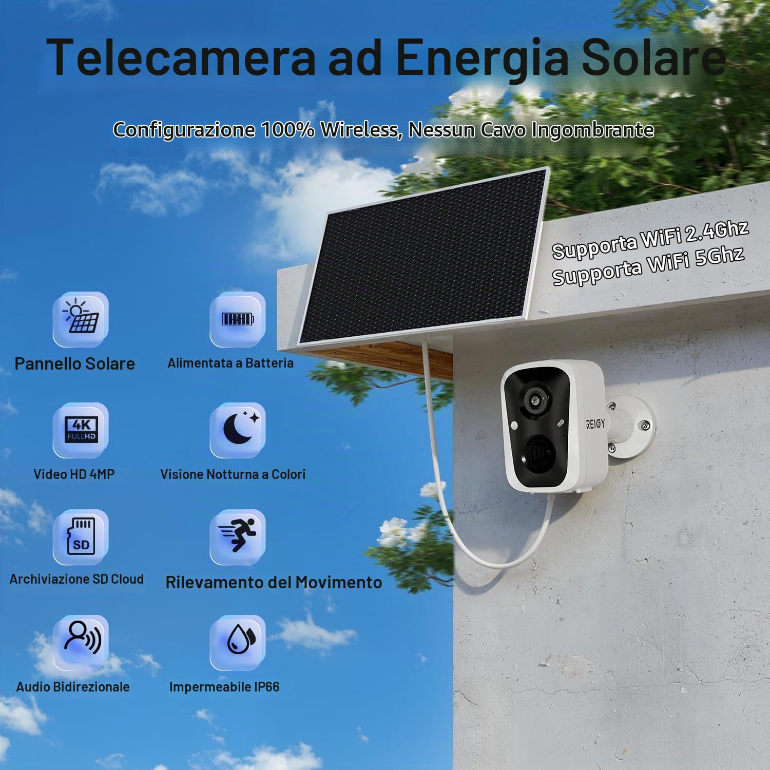 REIGY 4MP Telecamera WIFI Interno/Esterno Batteria Senza FIli, Videocamera Sorveglianza con Pannello Solare, Rilevazione di Movimento PIR, Audio a 2 Vie, IP65, Supporto 2,4GHz/5GHz
