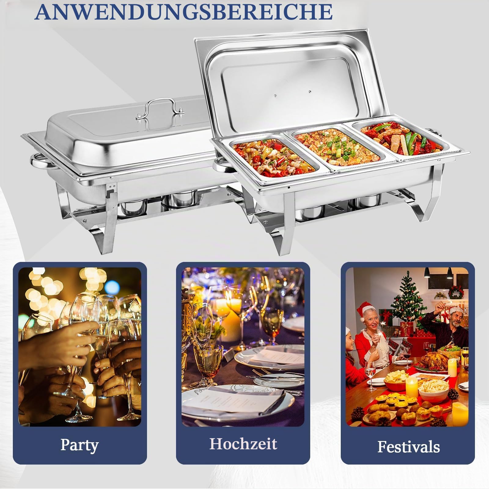 Chafing Dish,Edelstahl Warmhaltebehälter,Speisenwärmer, Edelstahl Speisenwärmer Behälter,Wärmebehälter für Catering, Buffet und Party,55.7x34x38.3cm(FÜR 3 PFANNEN)