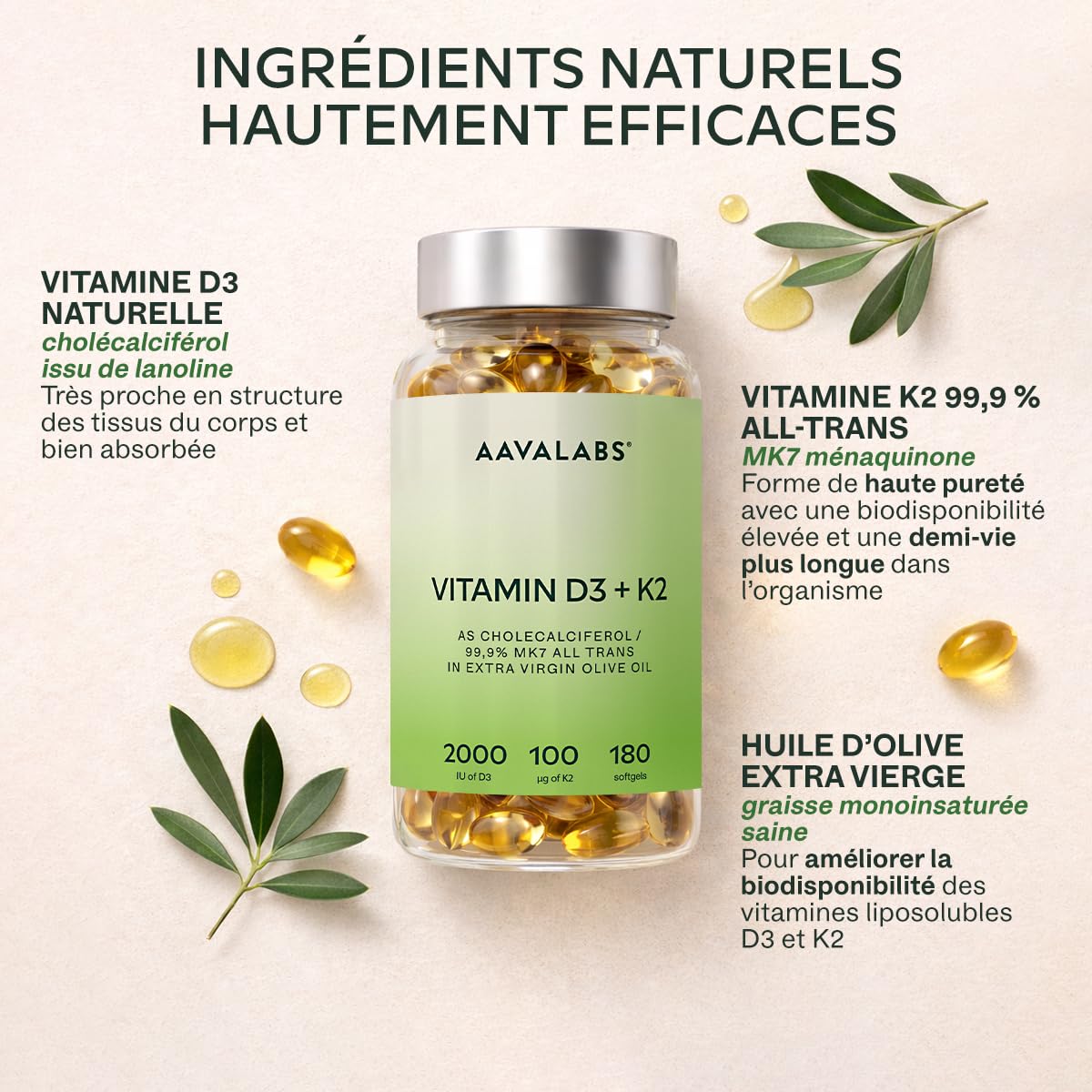 Vitamine D3 K2 avec de l'Huile d’Olive Vierge - Vitamine D3 2000 UI et Vitamine K2 MK7 100 μg pour Os, Muscles, Système Immunitaire - Vitamine D Vitamine K sans OGM, Gluten et Lactose - 180 Gélules