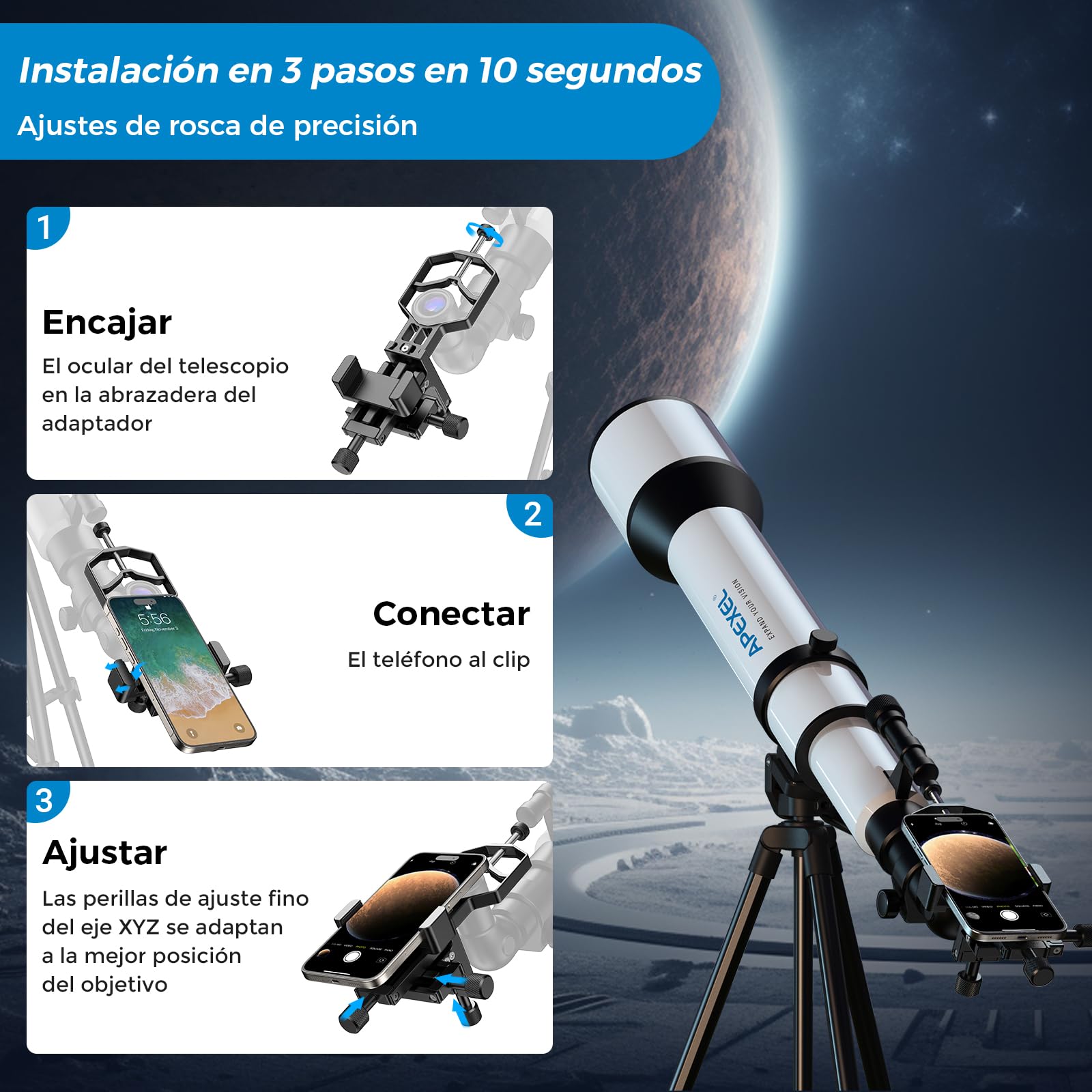 APEXEL 3-Axes Adaptador de Teléfono Móvil con Telescopio de Metal de 3 Ejes Cuenta con Bluetooth, Ajuste XYZ de Alta Precisión y Compatibilidad con Binoculares, Monoculares y Microscopios