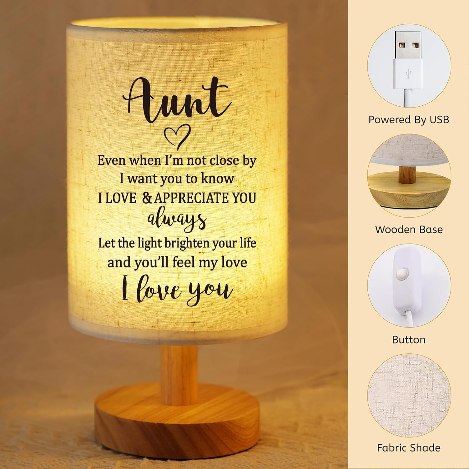 Best Aunt Gifts from Niece Nephew, Fabric Bedside Table Lamp, Birthday Christmas Valentines Mothers Day Presents for Auntie