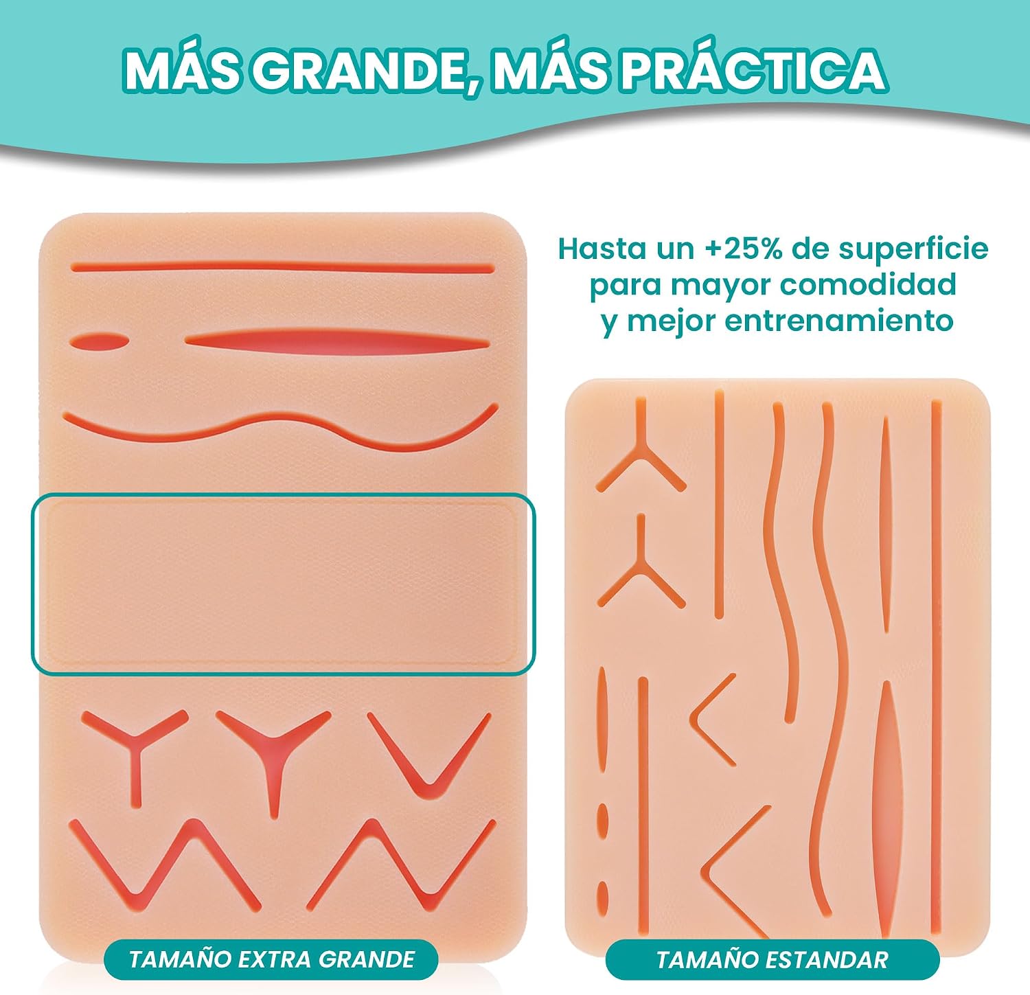 Kit sutura con almohadilla Extra Larga con zona de corte libre - Kit de sutura quirurgica con instrumental completo, para practicar suturas quirurgicas, kit practica sutura No Veins