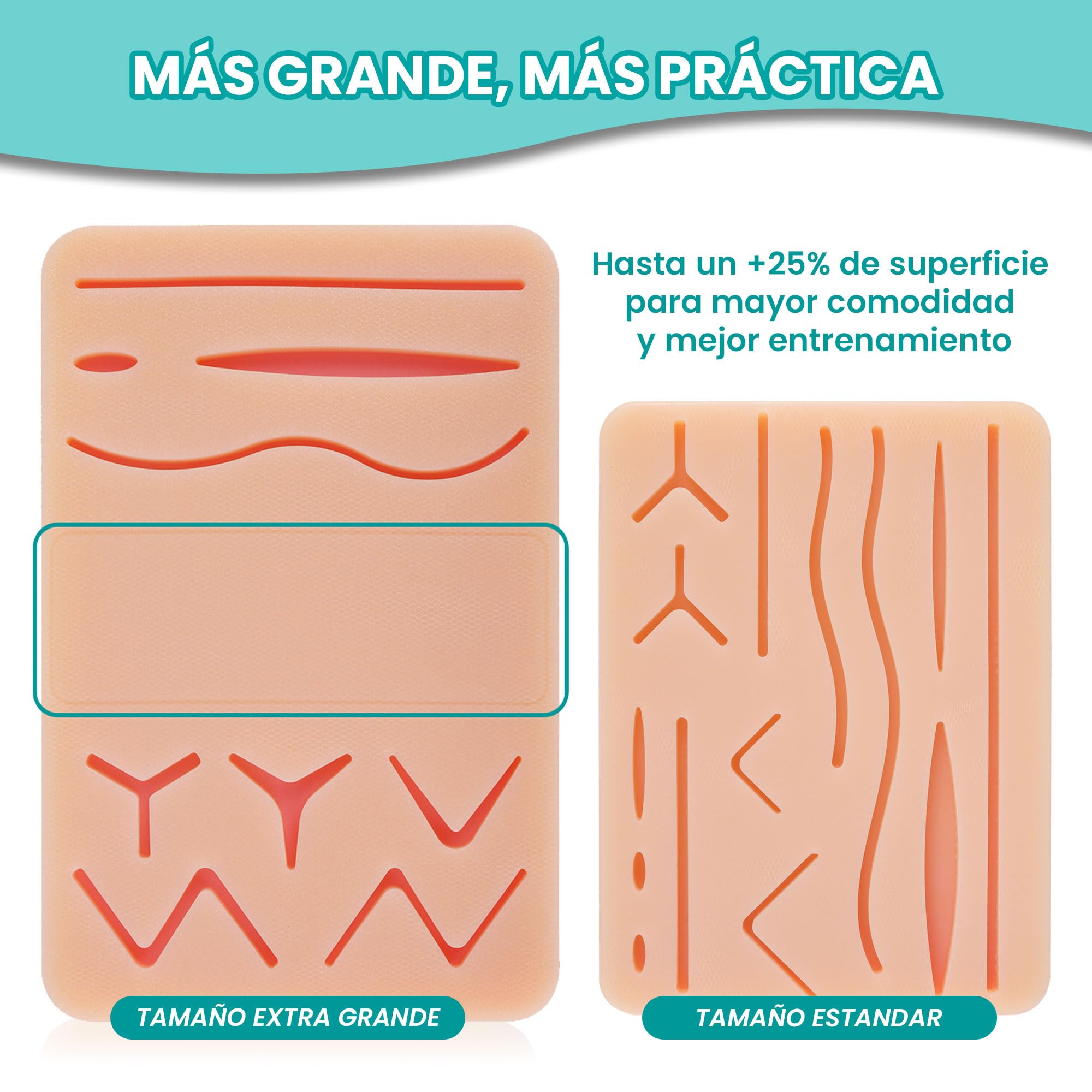 Kit sutura con almohadilla Extra Larga con zona de corte libre - Kit de sutura quirurgica con instrumental completo, para practicar suturas quirurgicas, kit practica sutura
