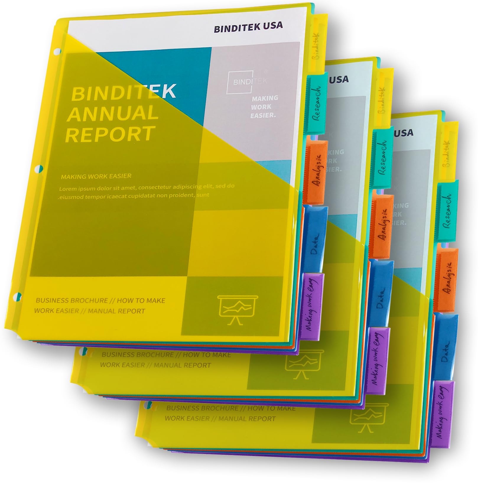 Binditek 15 Pack Plastic Dividers with Front Pocket, 5-Tab Insertable Poly Pocket Dividers for 3 Ring Binders, Letter Size, Multicolor, 3 Set, for Students and Coworkers