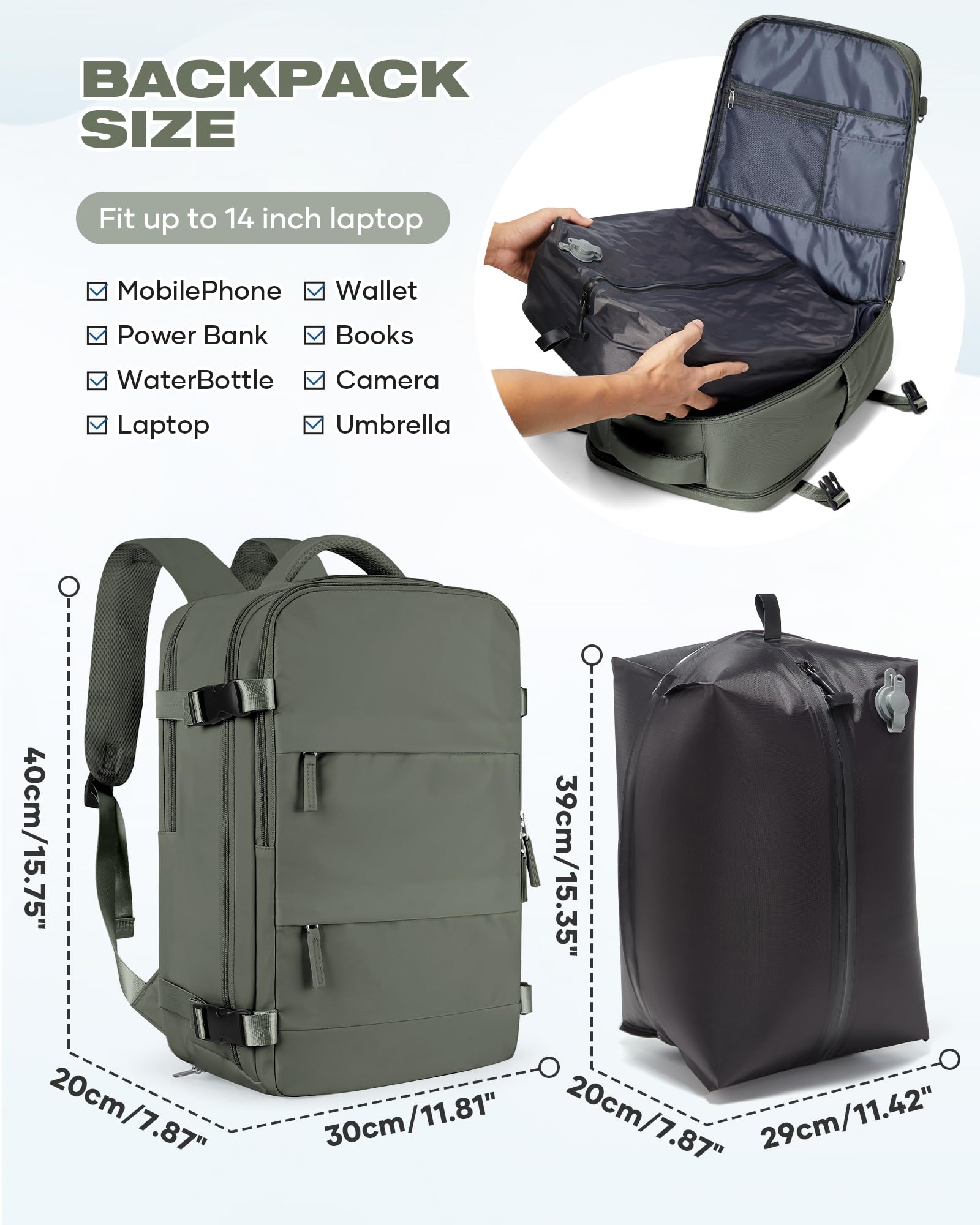 SZLX Zaino Ryanair 40x30x20 Sottovuoto con pompa Zaino da Viaggio 40x30x20 Ryanair Wizzair Bagaglio a Mano 40x20x25 Donna da impermeabile Zaino Casual Laptop da 14 Pollici con Scomparto per Scarpe