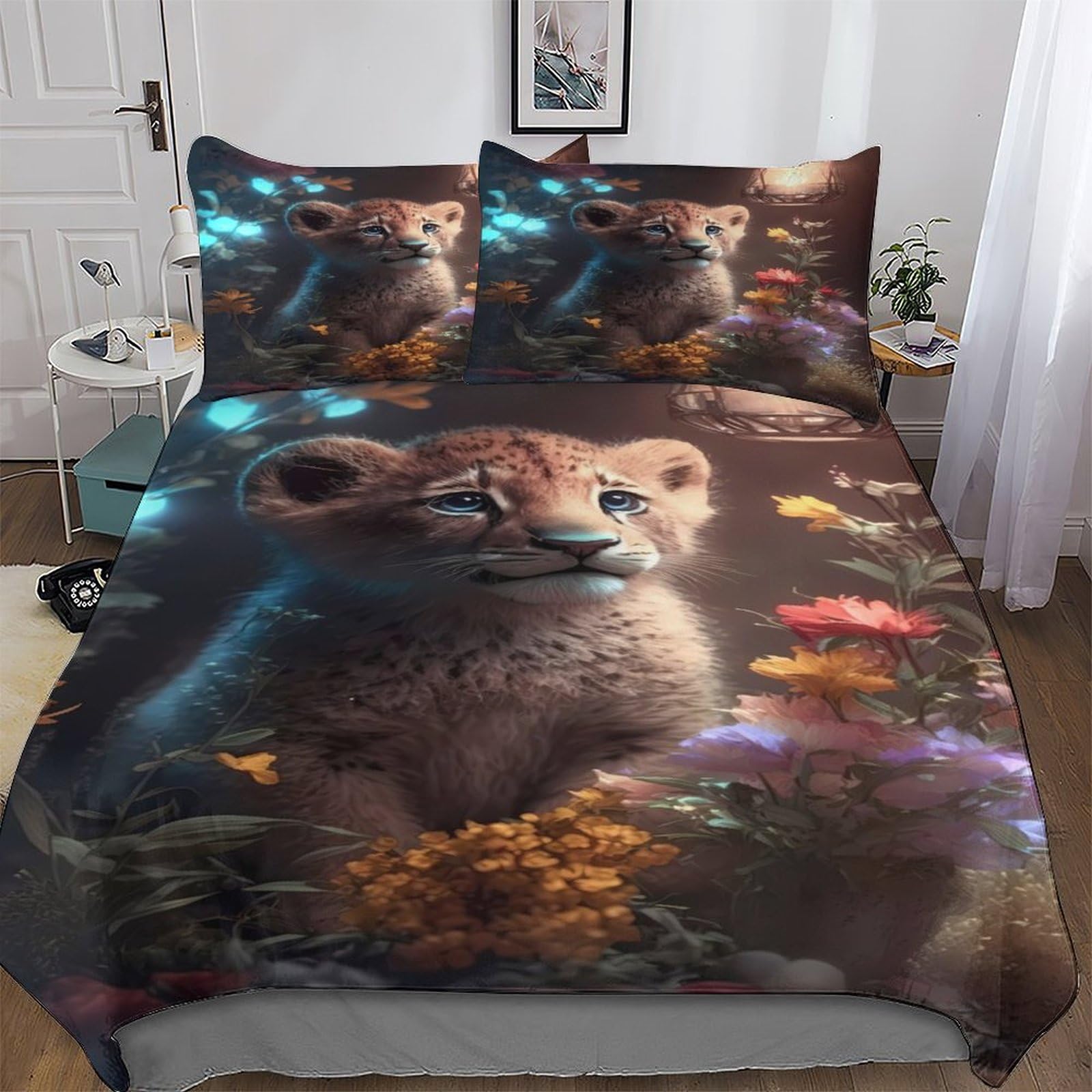 Pazzk Boys Fantasy Lion Cub Glow Bedding Set 3D Print Duvet Cover Set With Pillowcase With Zipper Soft Microfiber Bedspread Cover Comforter Cover 2Pcs For Girls And Teenagers Single (135X200cm)