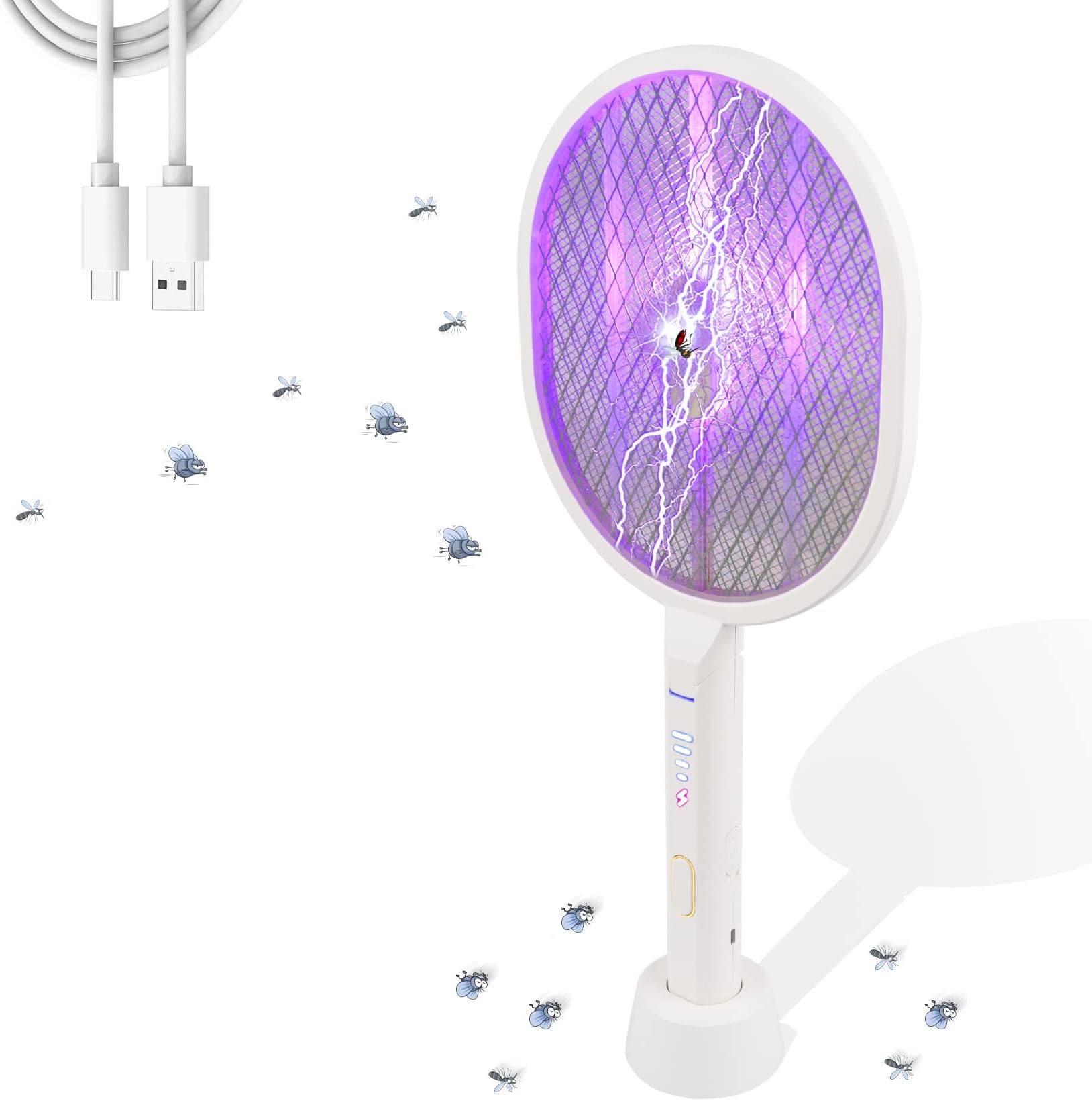 Dailytop Electric Fly Swatter, Rotatable Indoor Bug Zapper Racket, USB-C Rechargeable Mosquito Killer, 3000V High-Voltage Mosquito Zapper with UV Light, Standing Base, and Wall Mount